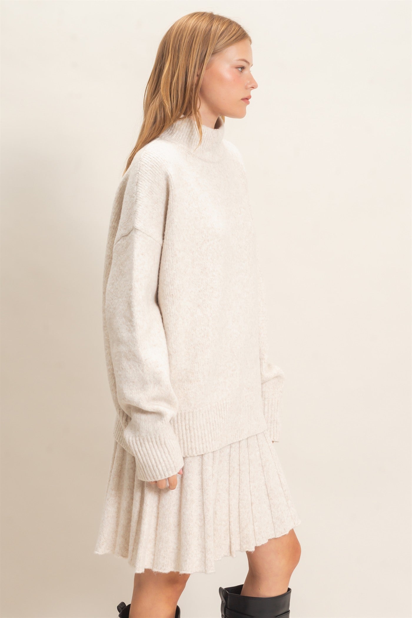 Wholesale Mock Neck Sweater And Pleated Skirt Set Clothing HF26F232-SET ECRU HYFVE