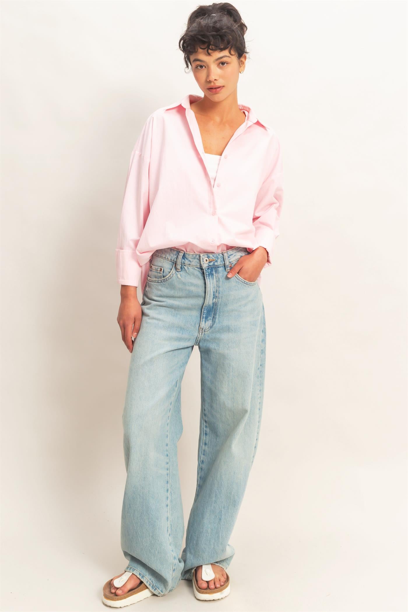 Wholesale Button Up Poplin Shirt Clothing Tops DZ26A330 SOFT PINK HYFVE
