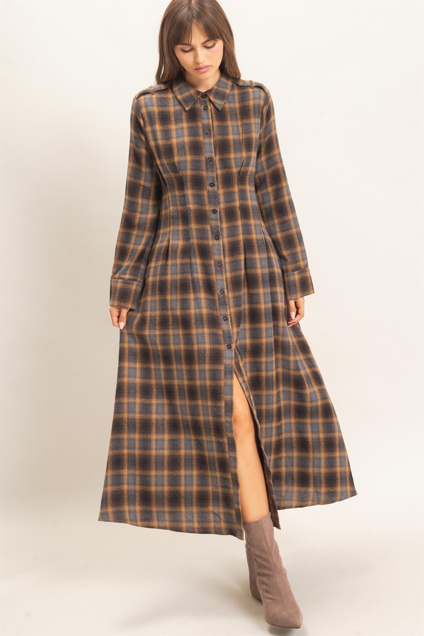 Wholesale Plaid Button-Down Maxi Dress Dresses HF26E999 MUSTARD HYFVE