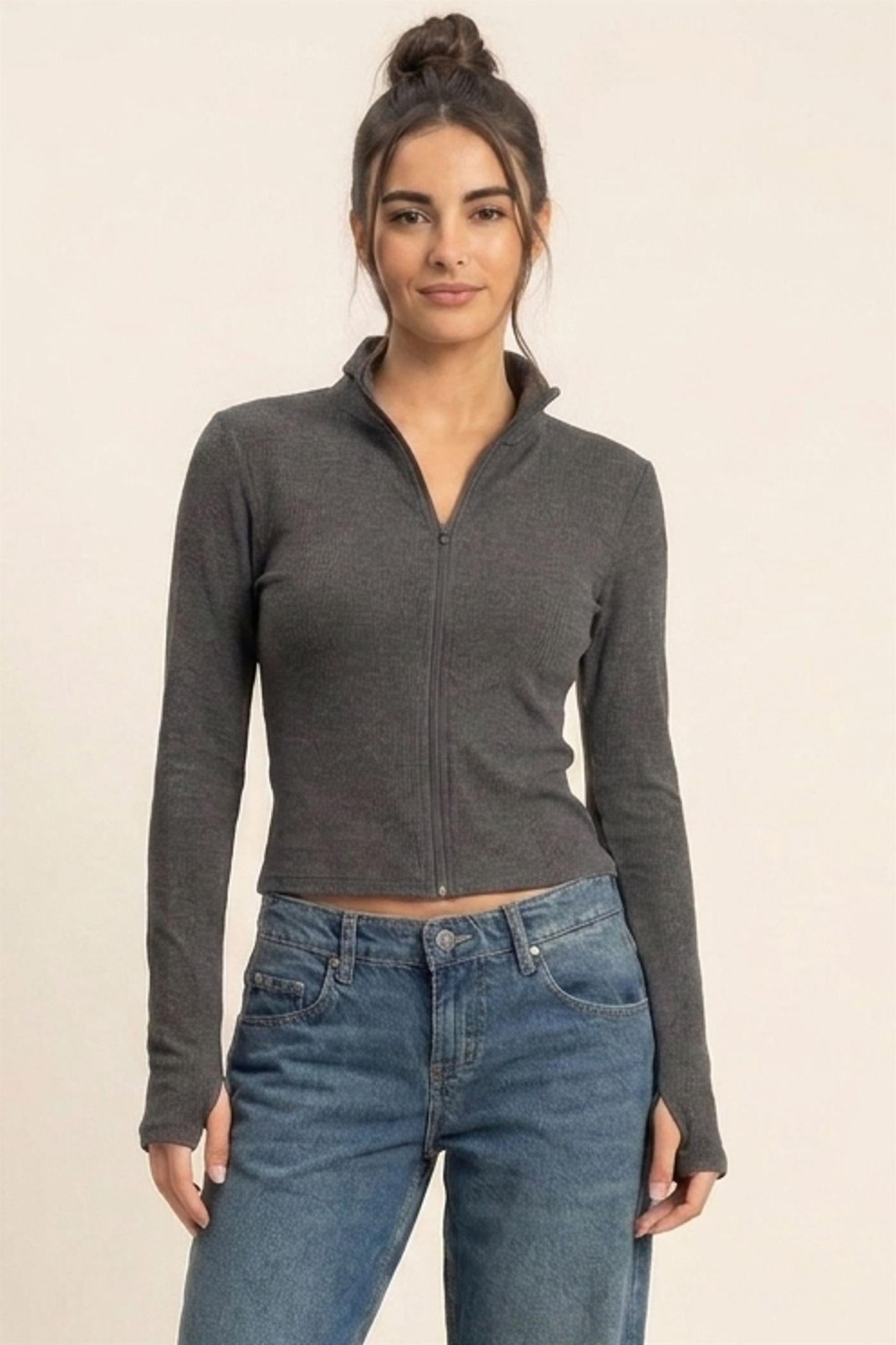 Wholesale Mock Neck Long Sleeve Zip Up Top Clothing Tops DZ26E911 BLACK DOUBLE ZERO
