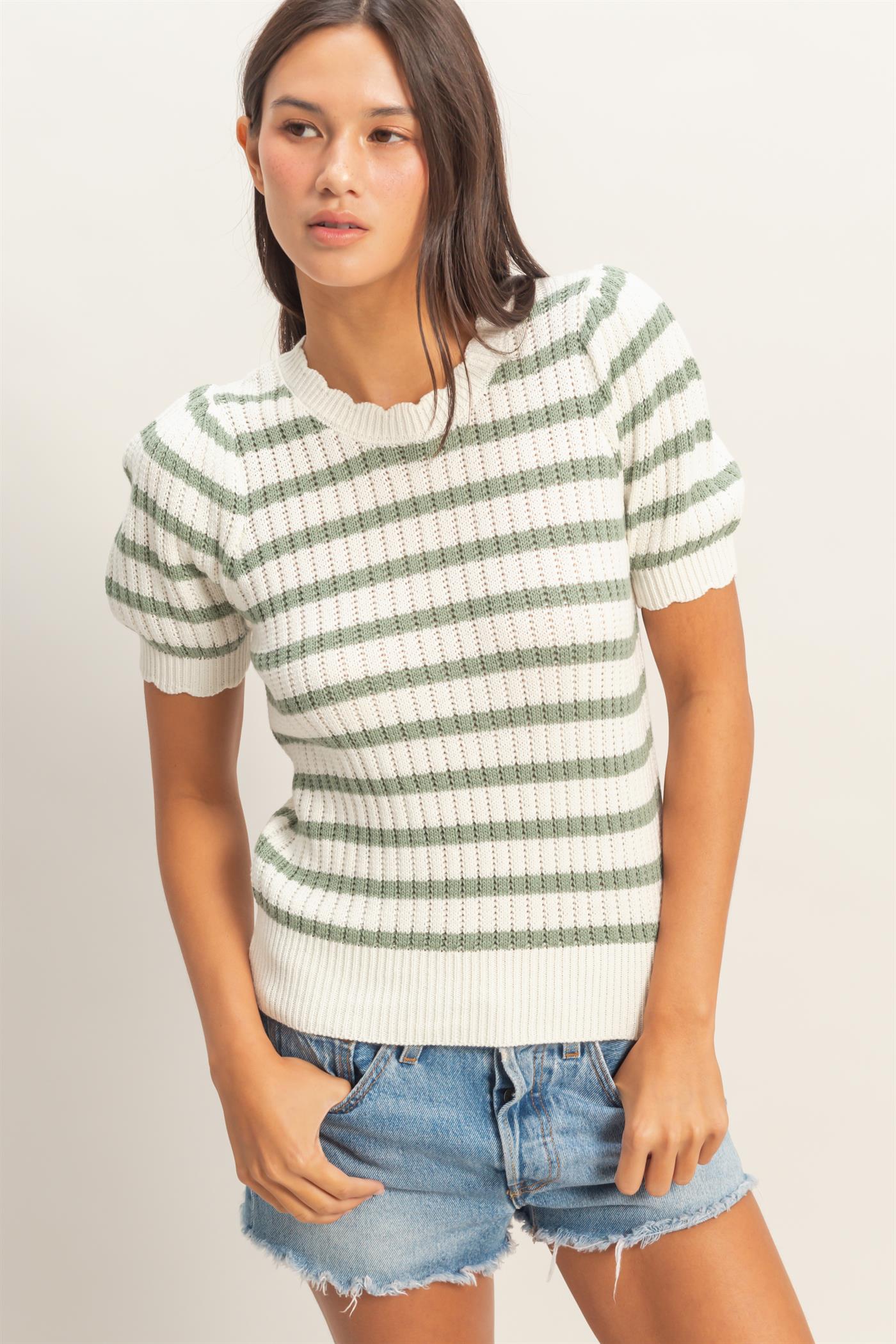 Wholesale Striped Scallop Edge Puff Sleeve Knit Top Shirts DZ26A284 SAGE GREEN DOUBLE ZERO