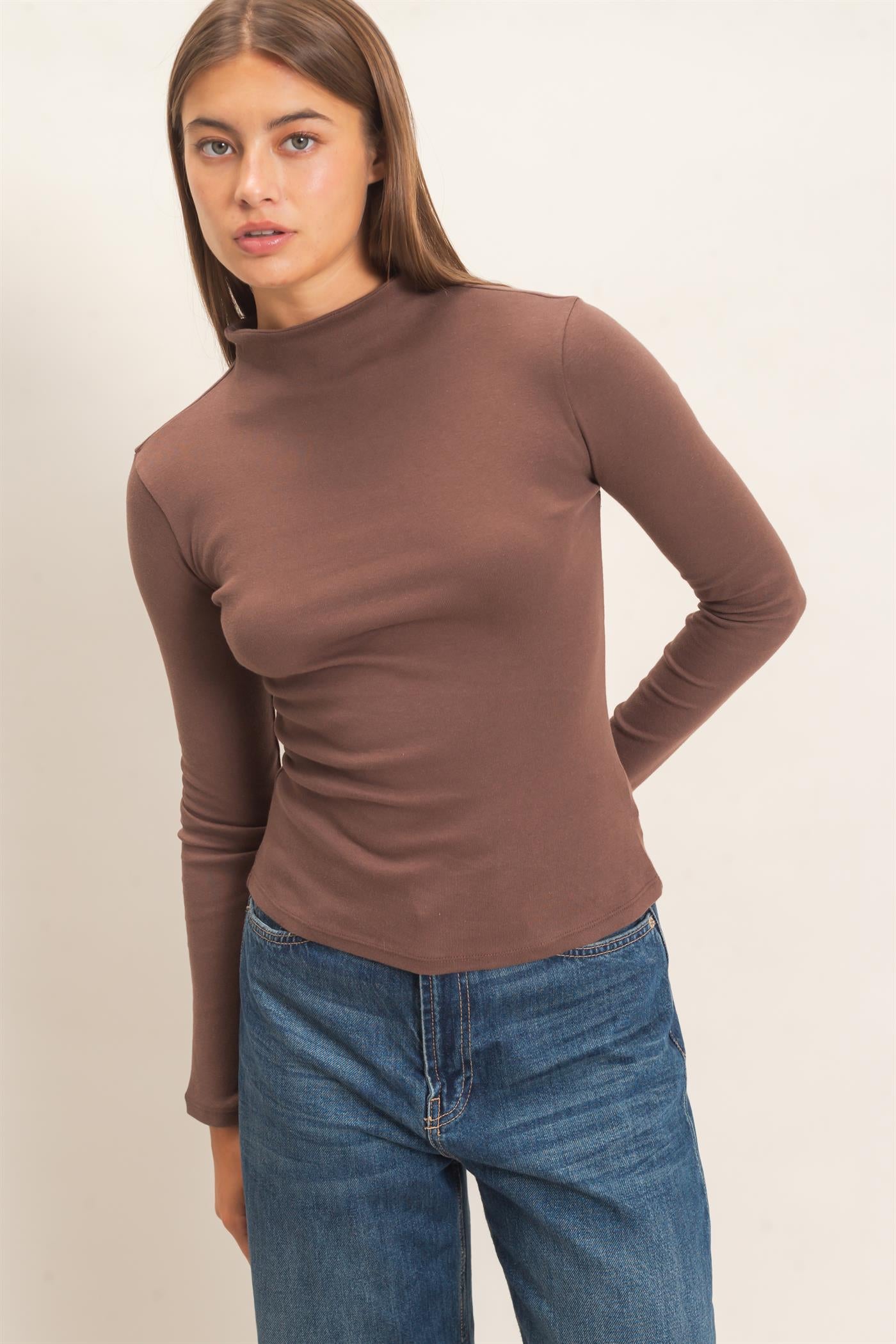 Wholesale Mock Neck Long Sleeve Top Clothing Tops DZ26F281 DARK BROWN DOUBLE ZERO