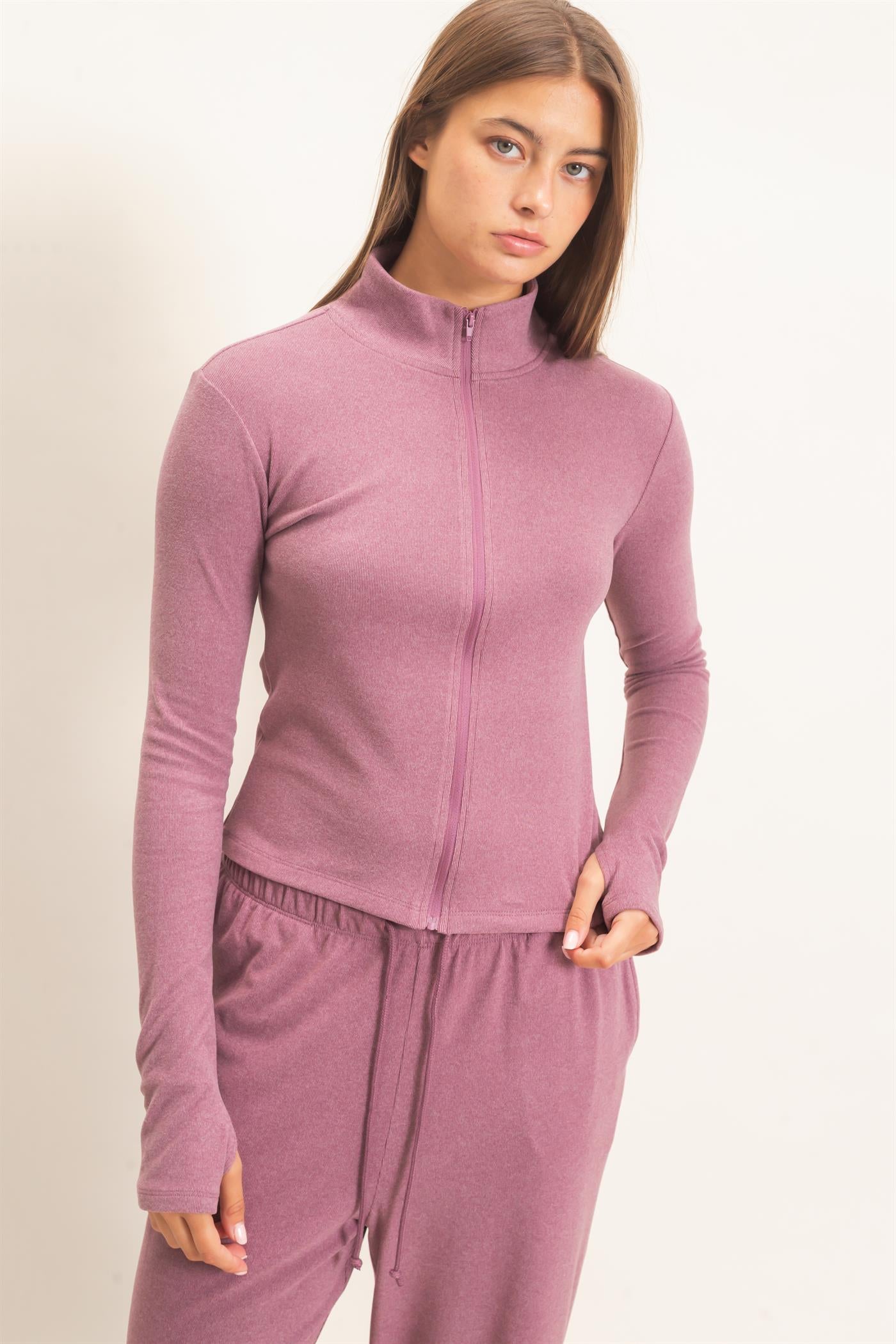 Wholesale Mock Neck Long Sleeve Zip Up Top Clothing Tops DZ26E911 PLUM DOUBLE ZERO