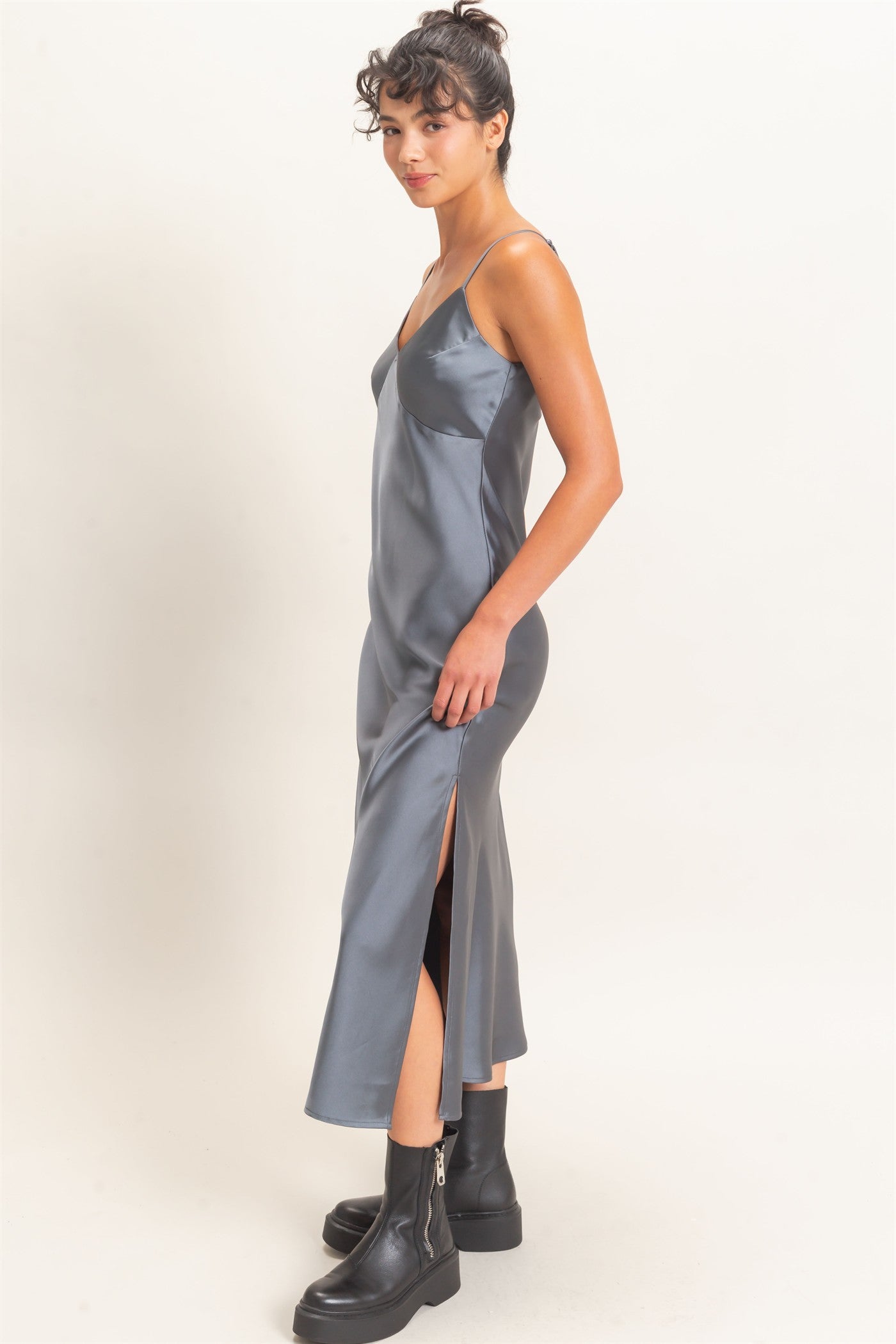 Wholesale Satin V-Neck Slip Dress Dresses DZ26E262 DARK GRAY DOUBLE ZERO