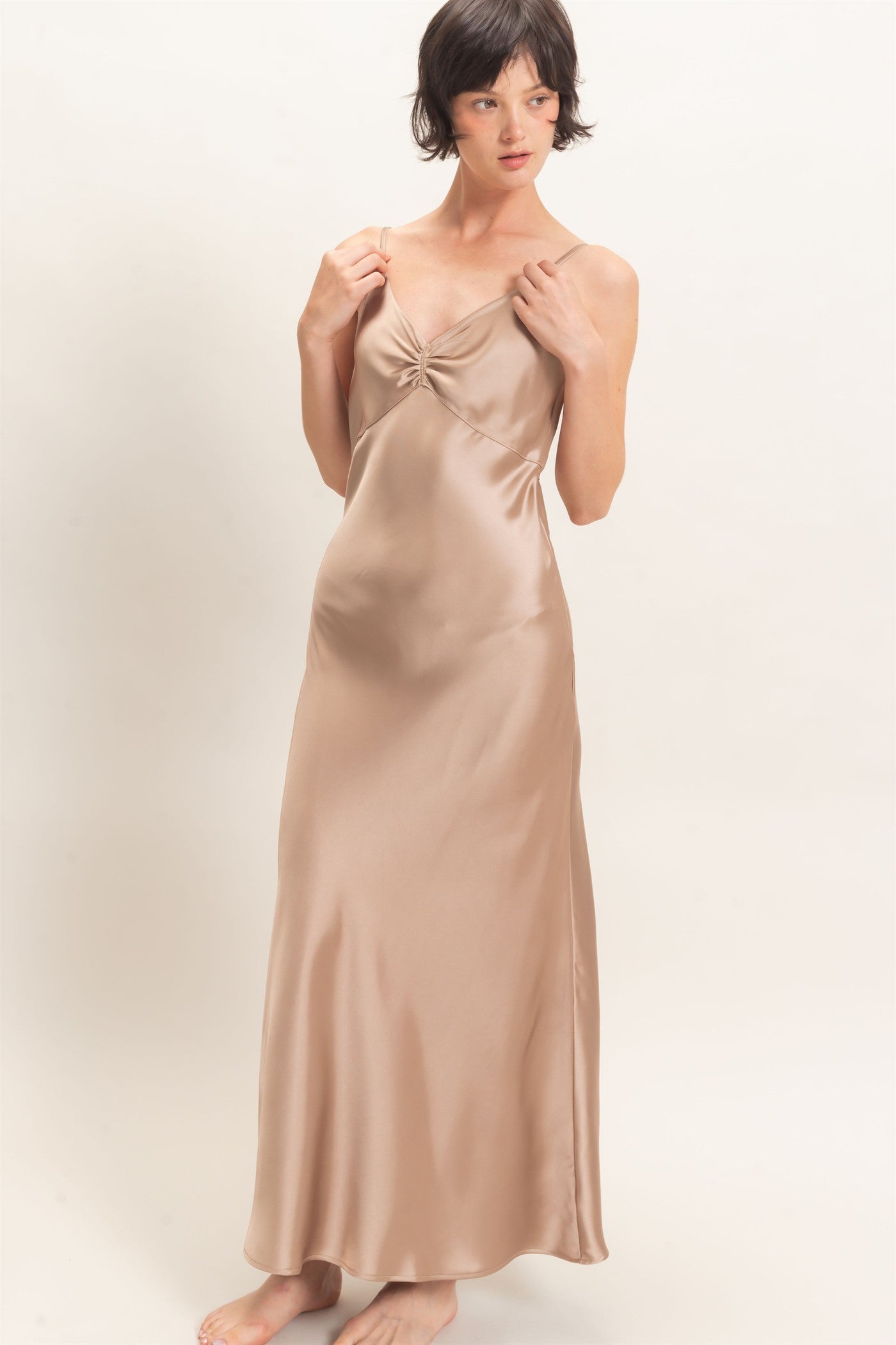 Wholesale Satin Slip Dress With Spaghetti Straps Dresses DZ26E380 DARK TAUPE DOUBLE ZERO
