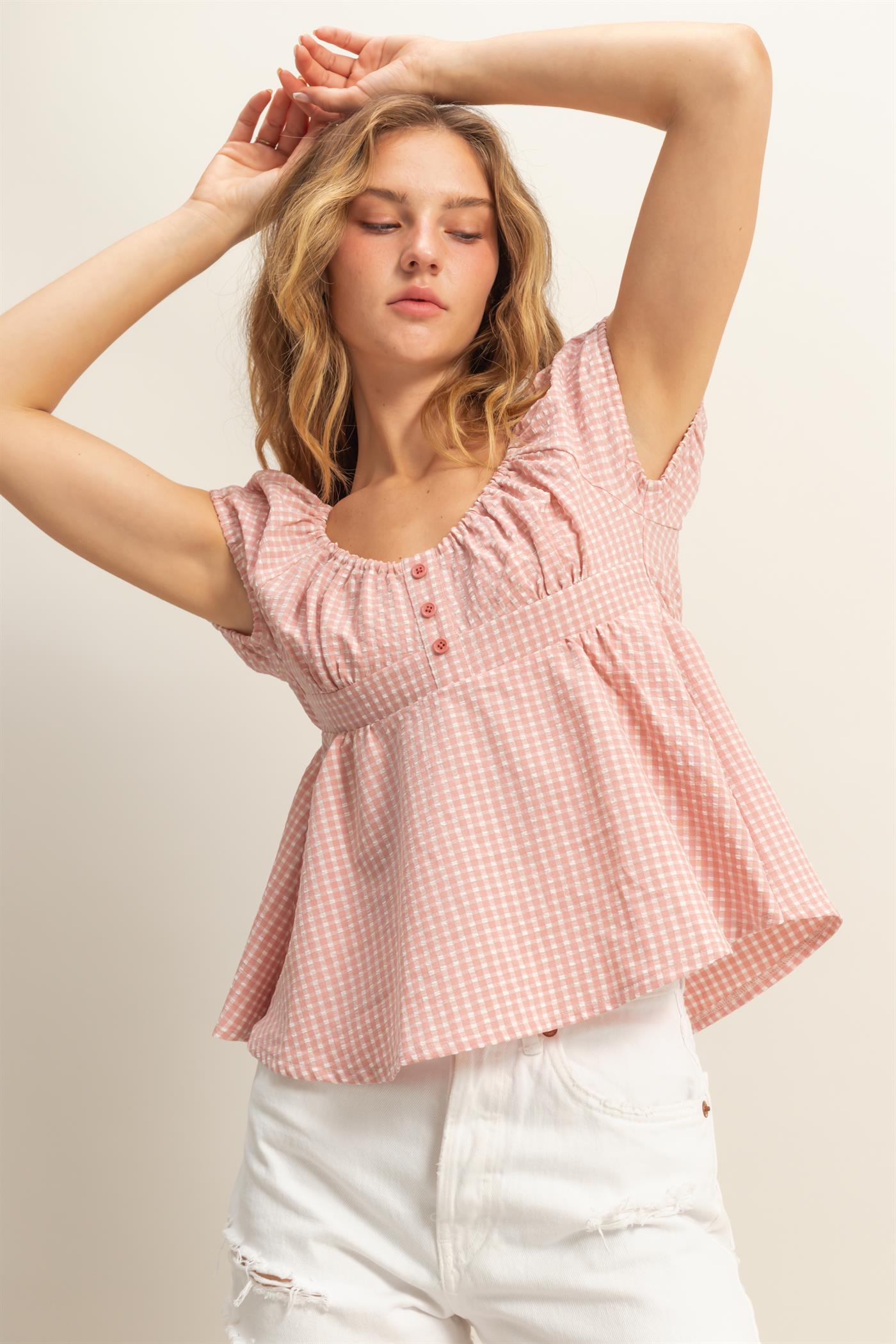 Wholesale Gingham Scoop Neck Cap Sleeve Blouse Blouses DZ25C042 PINK DOUBLE ZERO