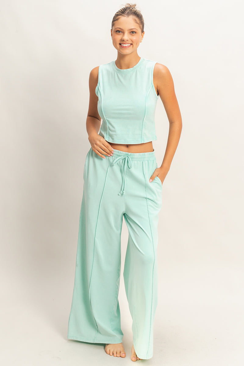 Wholesale Mineral Washed Sleeveless Top & Wide Leg Pants Set Clothing DZ26A371-SET TURQUOISE DOUBLE ZERO