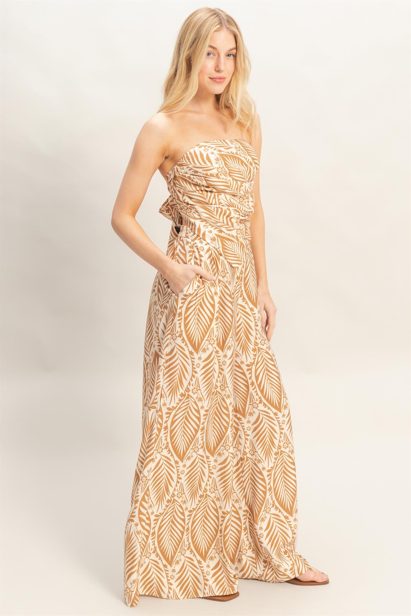 Wholesale Strapless Top & Pant Print Set Clothing HF25E577-SET-D L.BROWN HYFVE