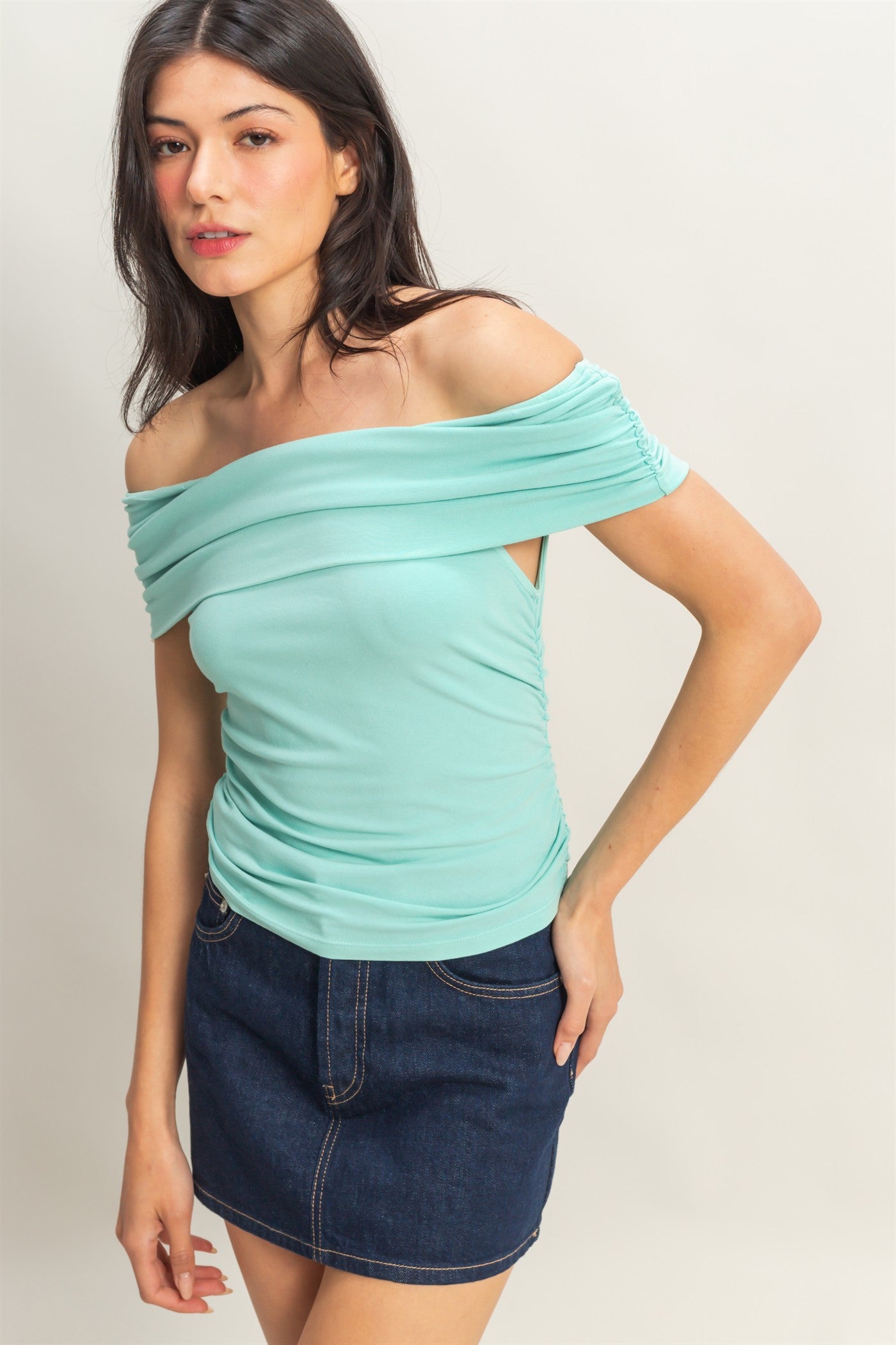 Wholesale Off-The-Shoulder Side Ruched Top Clothing Tops DZ25C848 TURQUOISE DOUBLE ZERO