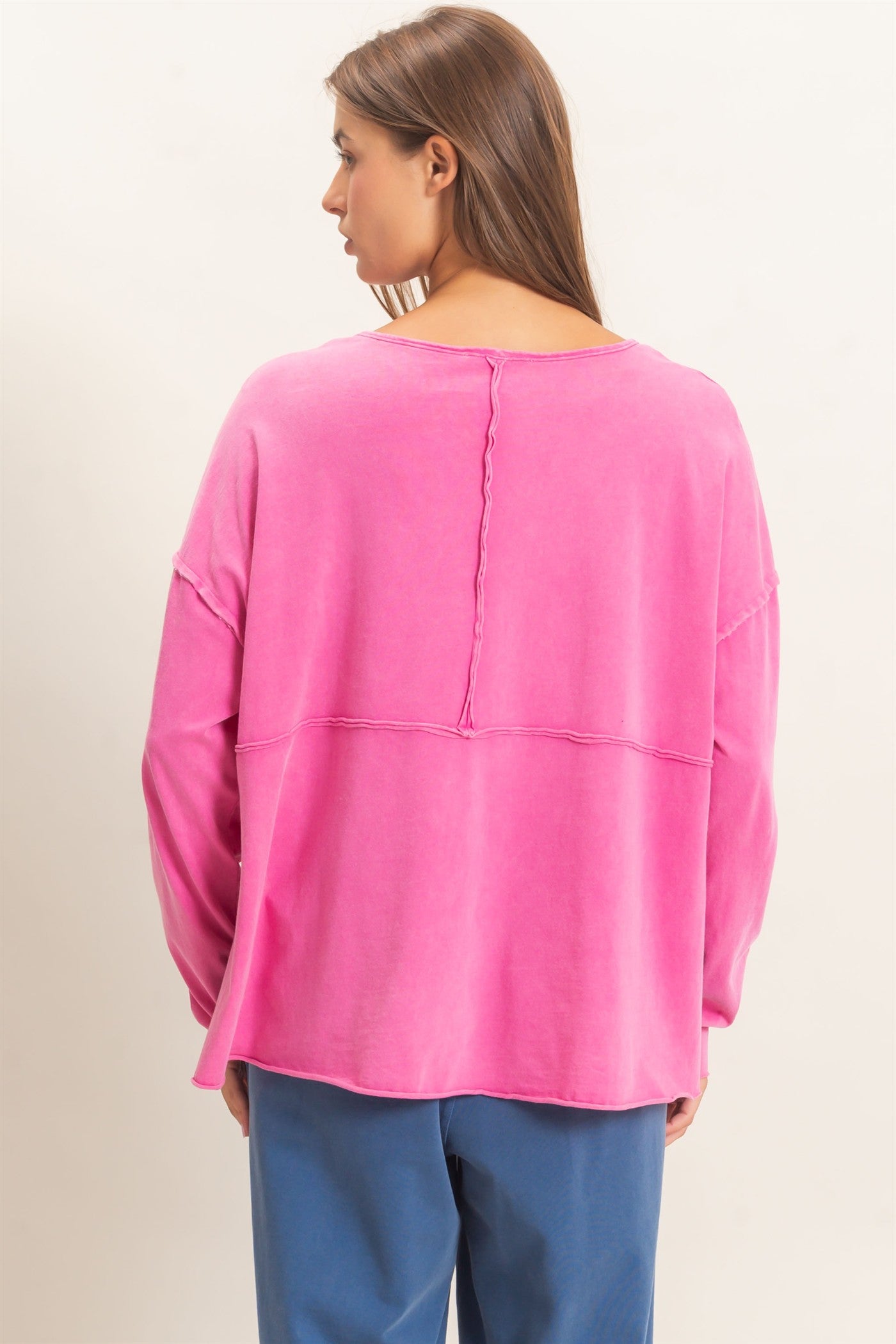 Wholesale Oversized Henley Top With Raw Edges Clothing Tops DZ26F128 FUCHSIA DOUBLE ZERO