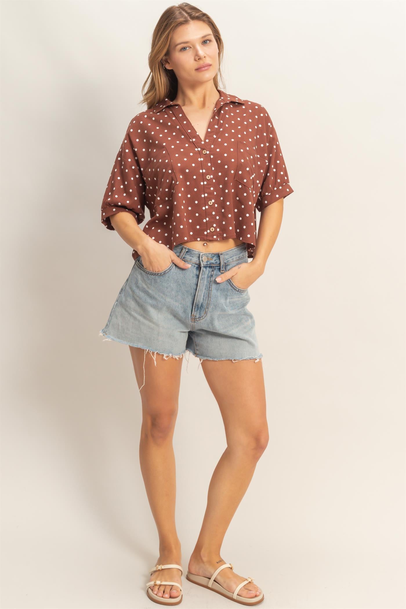 Wholesale Polka Dot Button-Up Shirt Shirts HF26E417-D CHESTNUT HYFVE