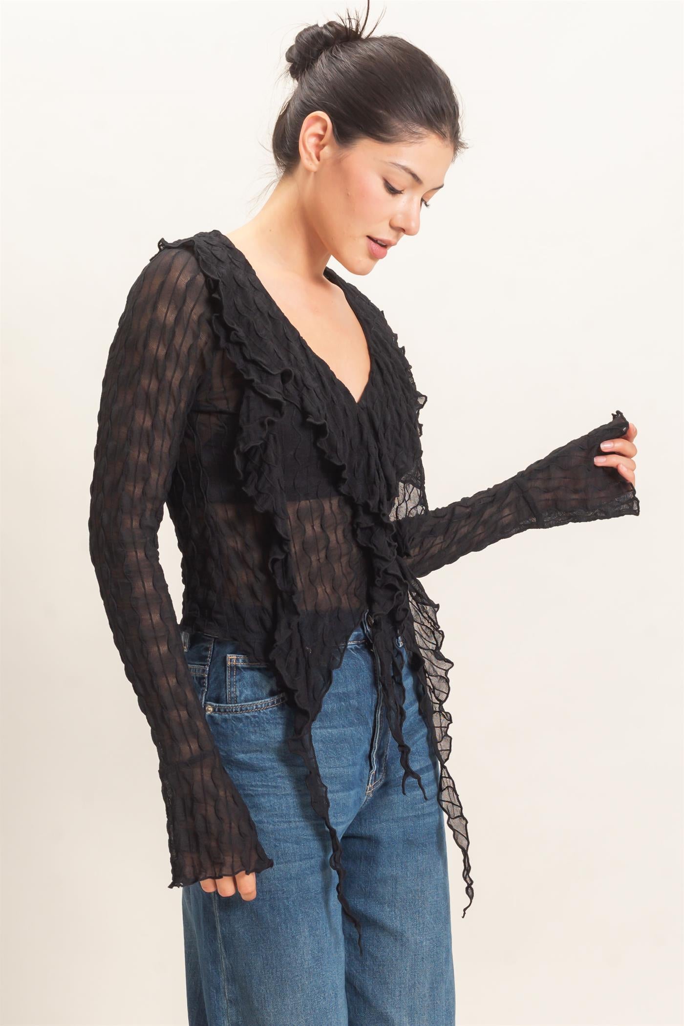 Wholesale Textured V-Neck Tie Front Top Blouses HF26F072 BLACK HYFVE