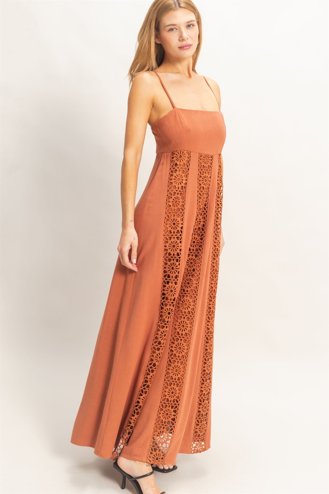 Wholesale Woven Lace Trim Maxi Dress Dresses HF26A498 TERACOTTA HYFVE