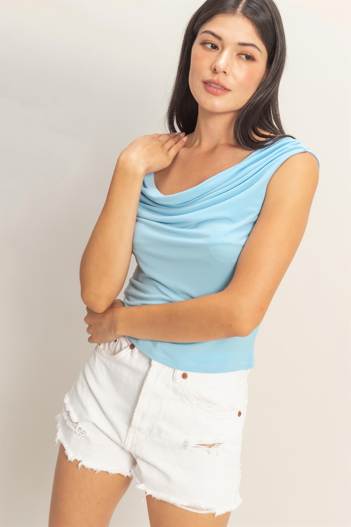 Wholesale Cowl Neck Sleeveless Top Clothing Tops DZ26C274 BLUE DOUBLE ZERO