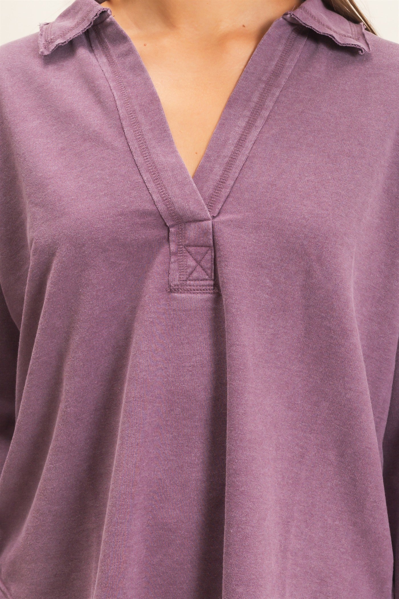 Wholesale Mineral Washed Polo Collar Long Sleeve Top Polos DZ26E887 DARK CHERRY DOUBLE ZERO