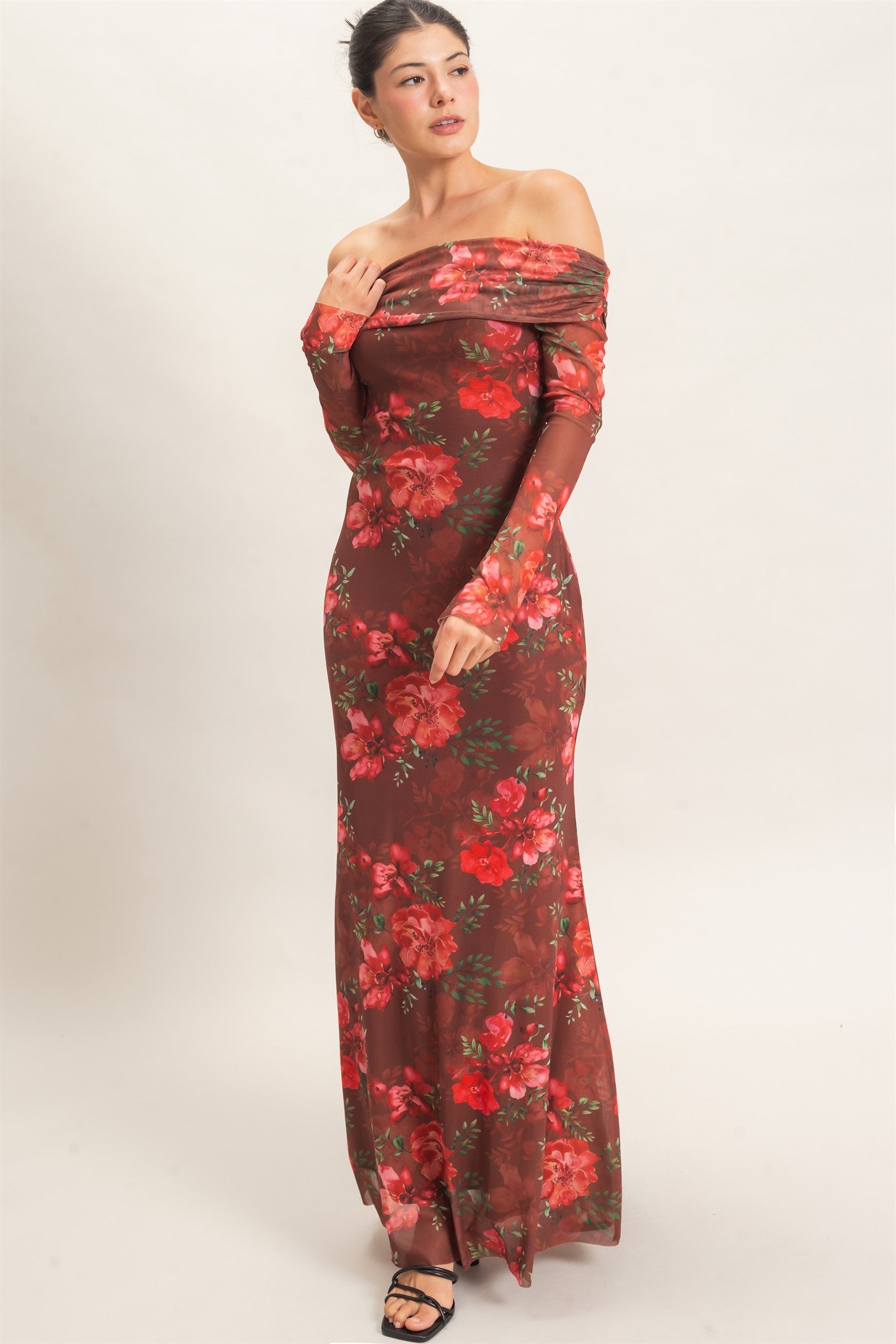 Wholesale Off Shoulder Floral Mesh Dress Dresses HF26E008 BROWN HYFVE