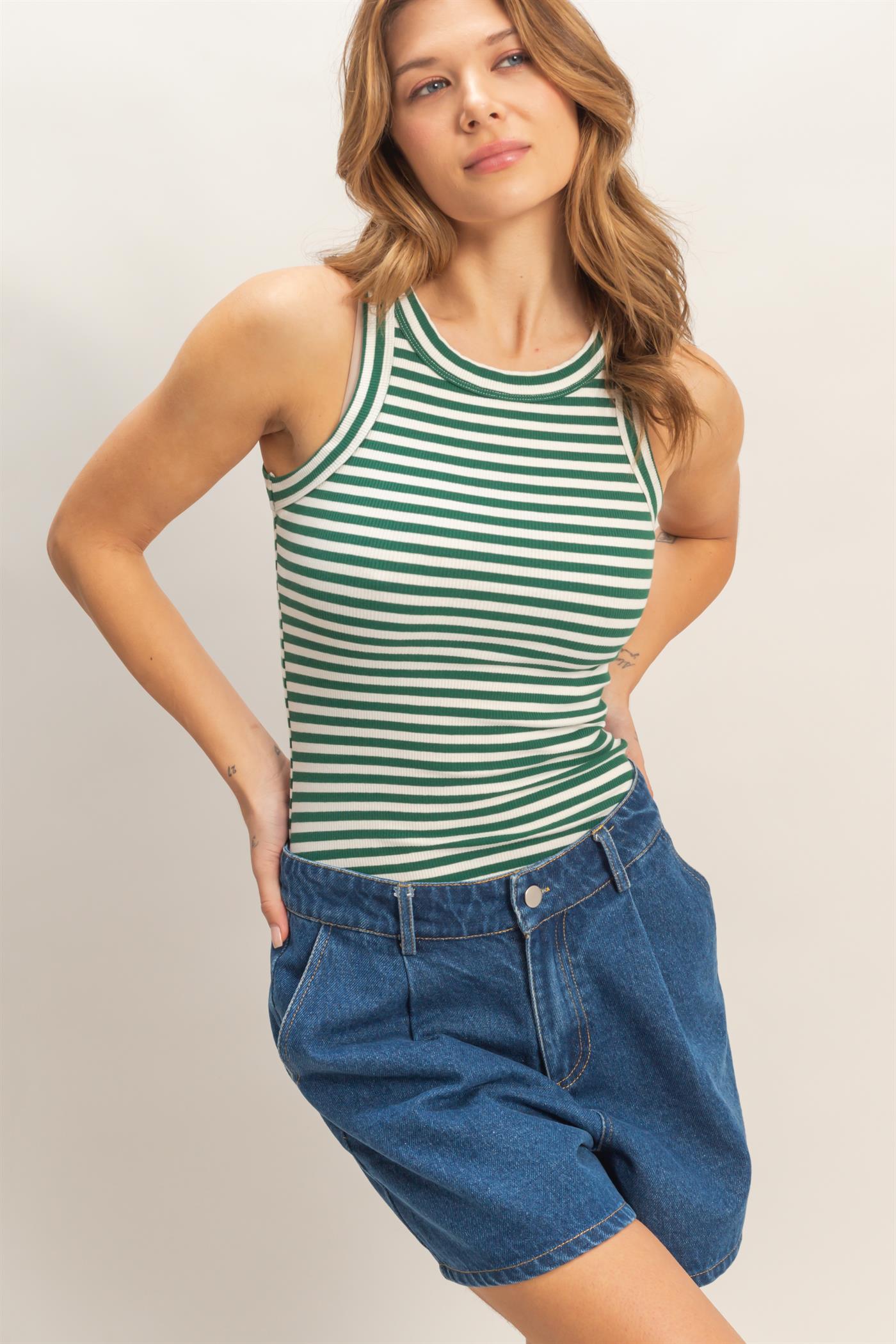 Wholesale Striped Ribbed Racerback Tank Tank Tops HF26C294-D GREEN HYFVE