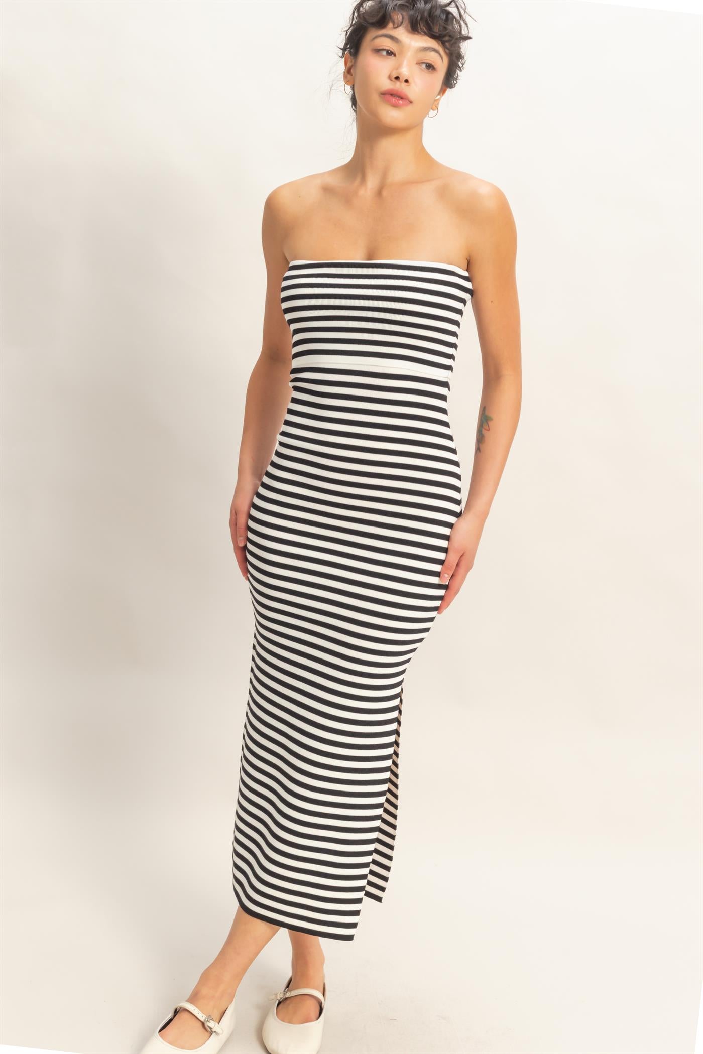 Wholesale Strapless Striped Bodycon Midi Dress Dresses DZ26C336 BLACK DOUBLE ZERO