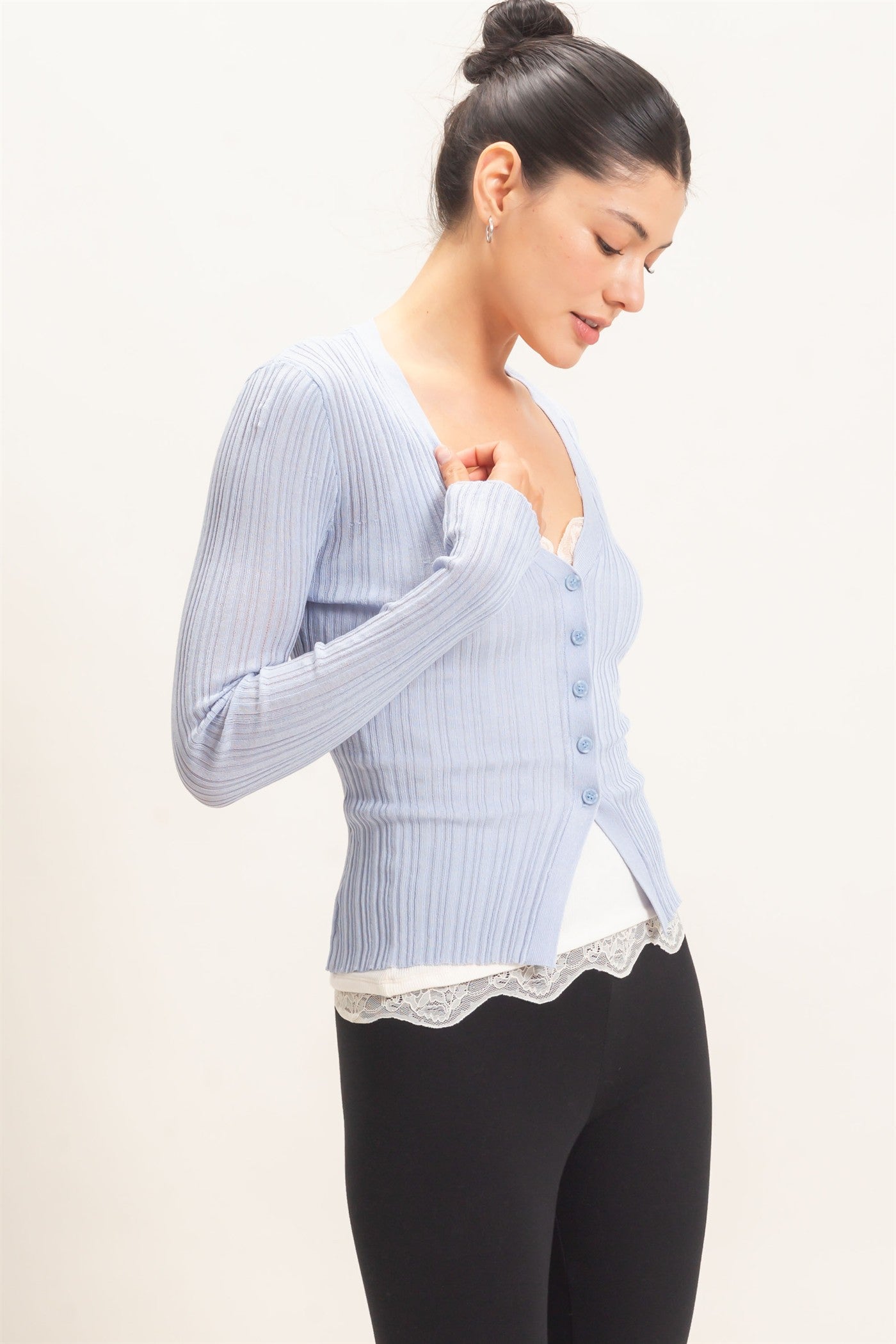 Wholesale Ribbed V-Neck Cardigan Cardigans HF26E154 BLUE HYFVE
