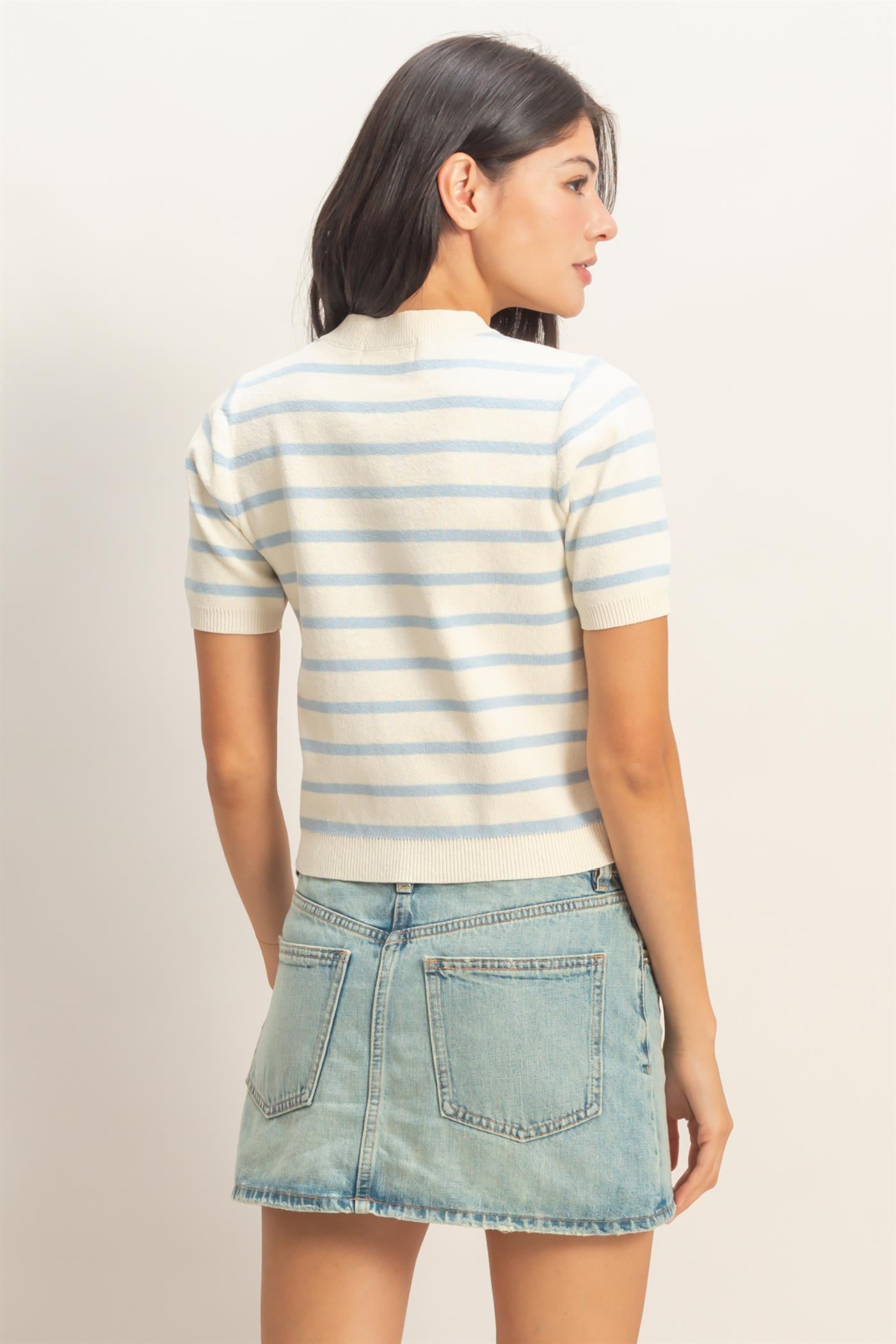 Wholesale Striped Short Sleeve Button Up Cardigan Cardigans DZ26A604 ICE BLUE DOUBLE ZERO