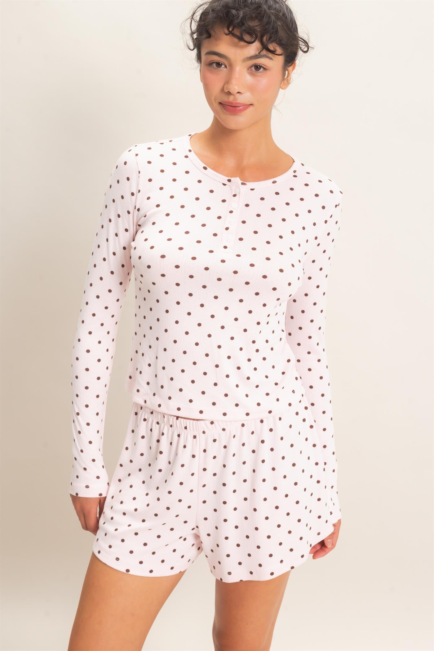 Wholesale Polka Dot Henley Long Sleeve Top & Shorts Set Clothing DZ27A154-SET LIGHT PINK DOUBLE ZERO