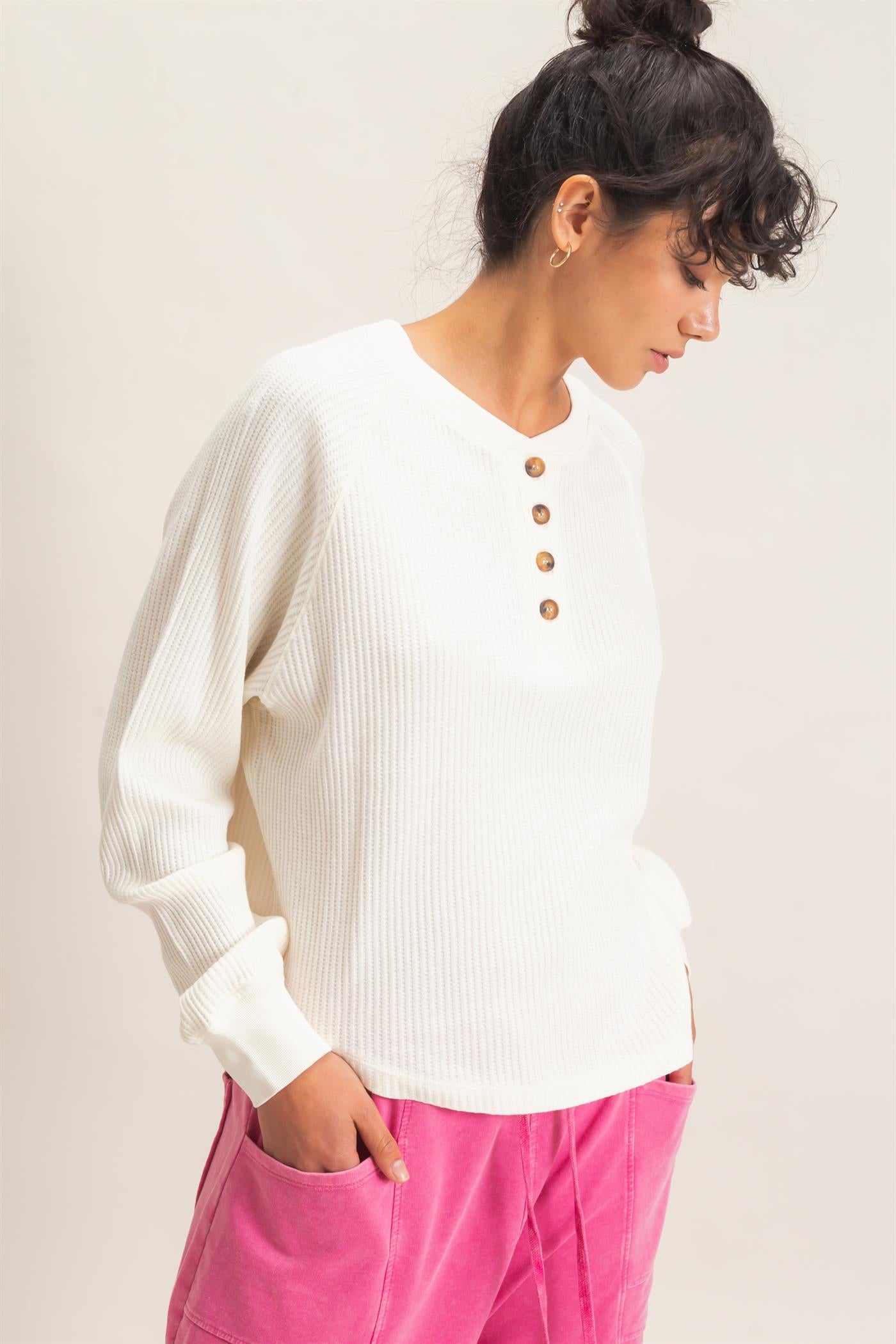 Wholesale Mineral Wash Waffle Knit Henley Top Sweatshirts DZ26E947 CREAM DOUBLE ZERO