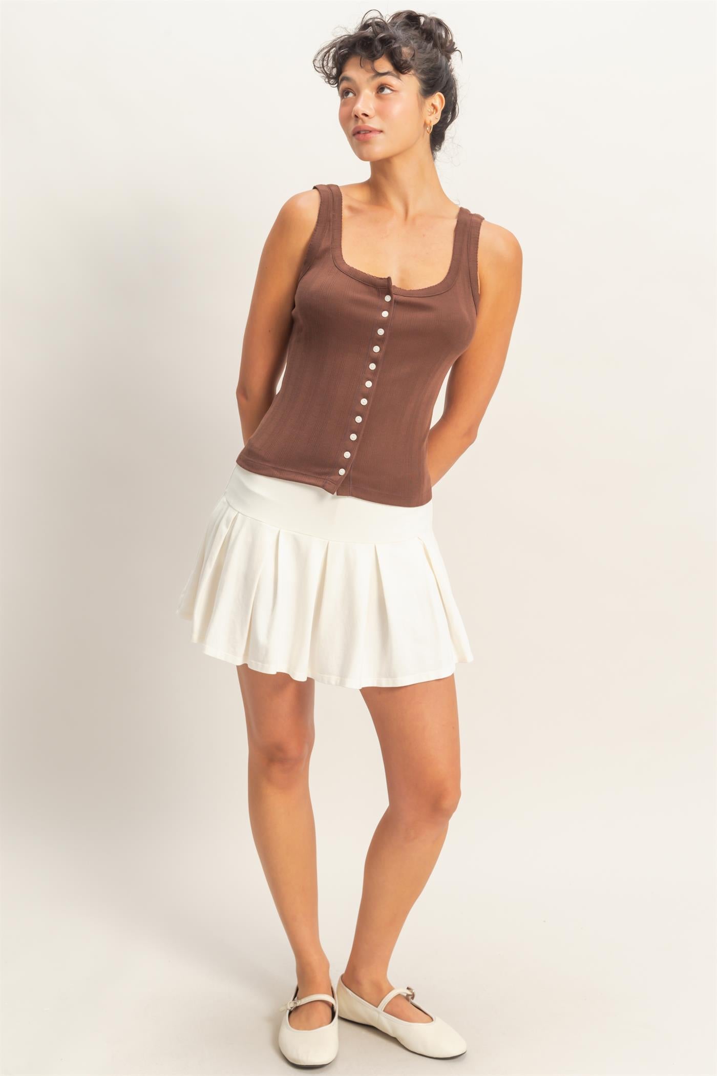 Wholesale Pointelle Button Front Scoop Neck Tank Top Tank Tops DZ26A775 CHOCOLATE DOUBLE ZERO