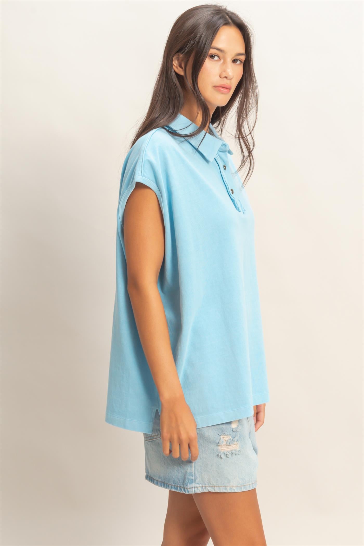 Wholesale Pigment Dye Sleeveless Polo Oversized Top Clothing Tops DZ26C618 BLUE DOUBLE ZERO