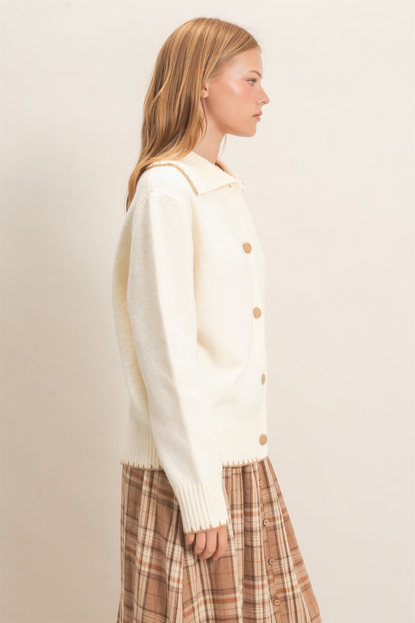 Wholesale Blanket Stitch Collared Cardigan Cardigans HF26F356 IVORY HYFVE
