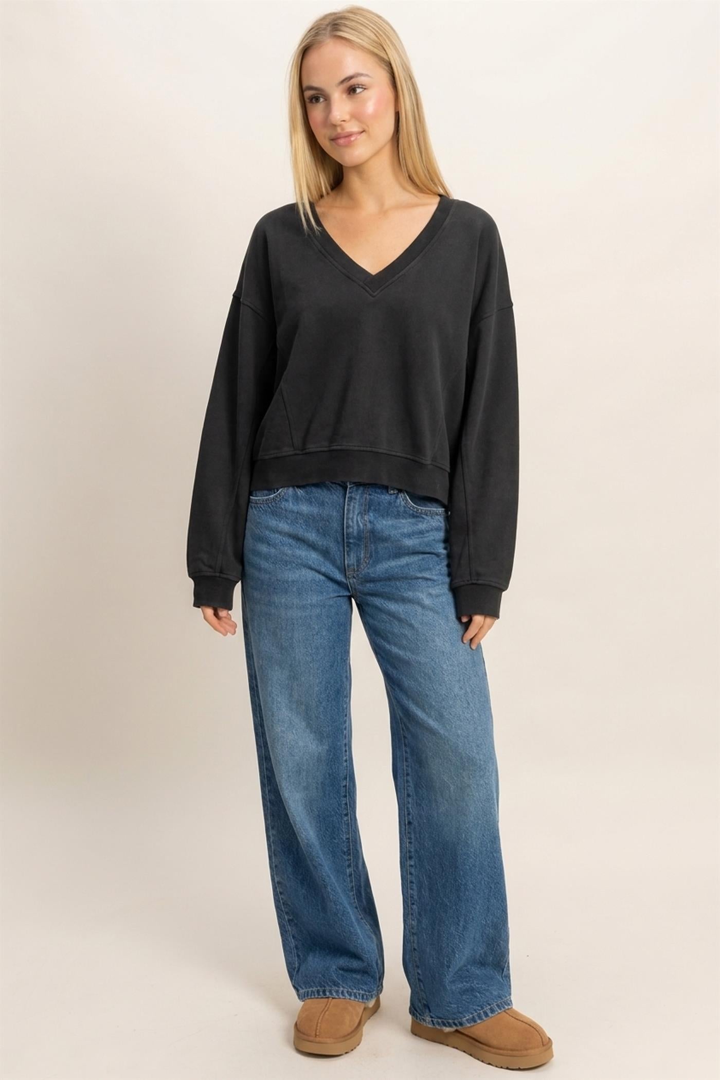 Wholesale Snow Wash V-Neck Sweatshirt Sweatshirts DZ26C844 BLACK DOUBLE ZERO