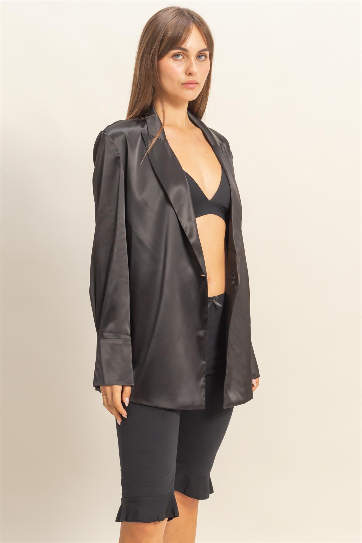 Wholesale Satin Long Sleeve Blazer Coats & Jackets HF23G242 BLACK HYFVE