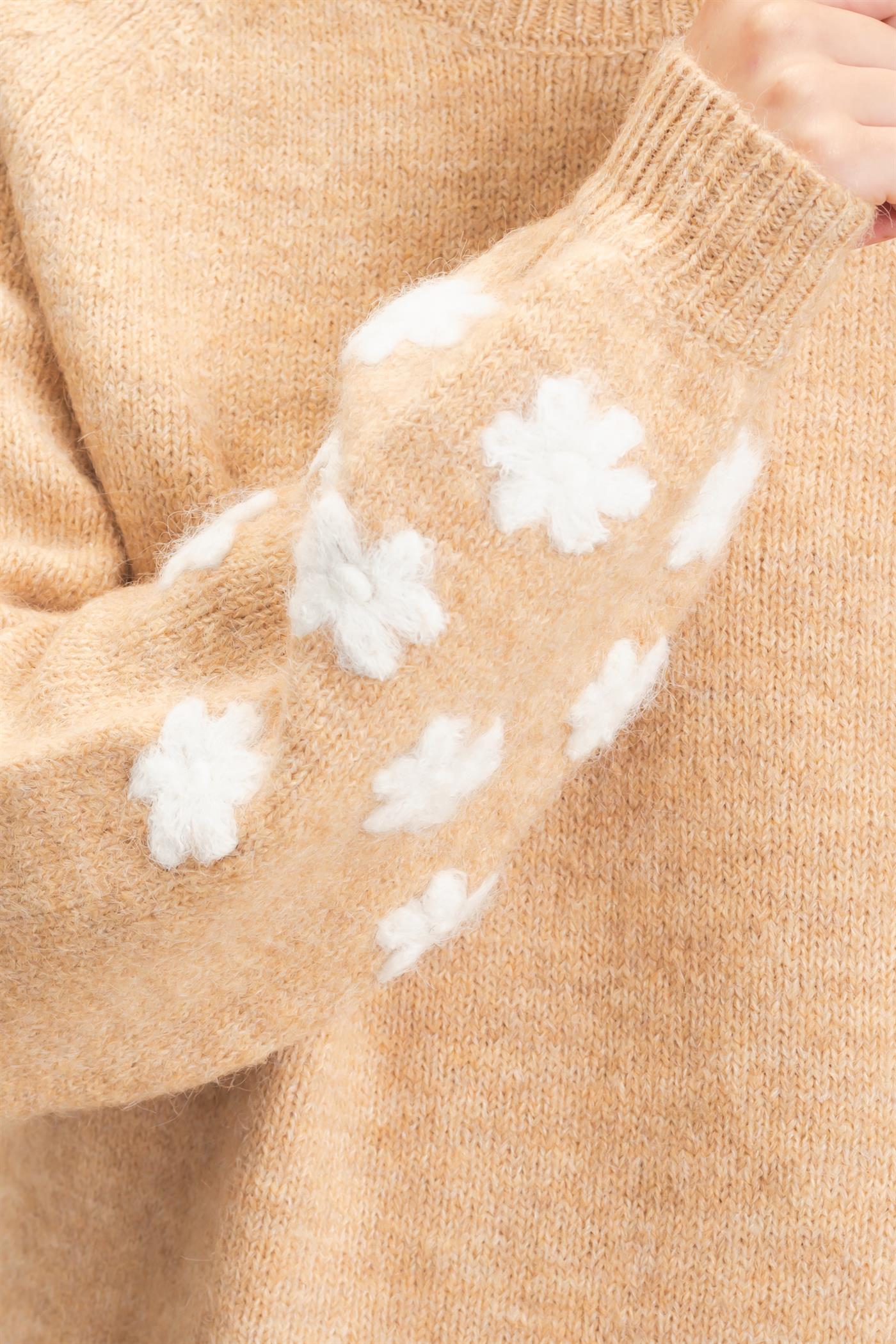 Wholesale Floral Applique Raglan Sleeve Sweater Sweaters HF26E808 BEIGE HYFVE