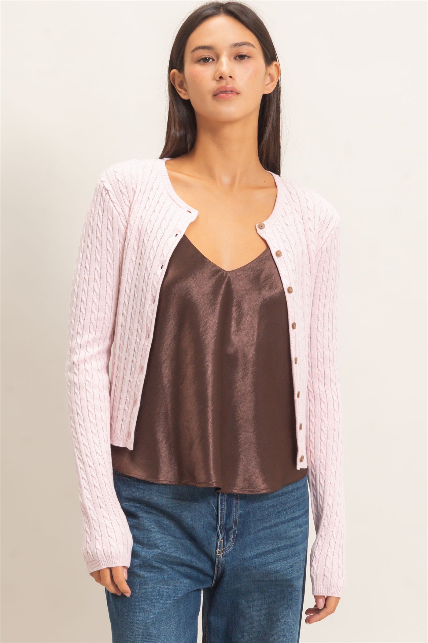 Wholesale Cable Knit Cardigan Cardigans DZ26E256 LIGHT PINK DOUBLE ZERO