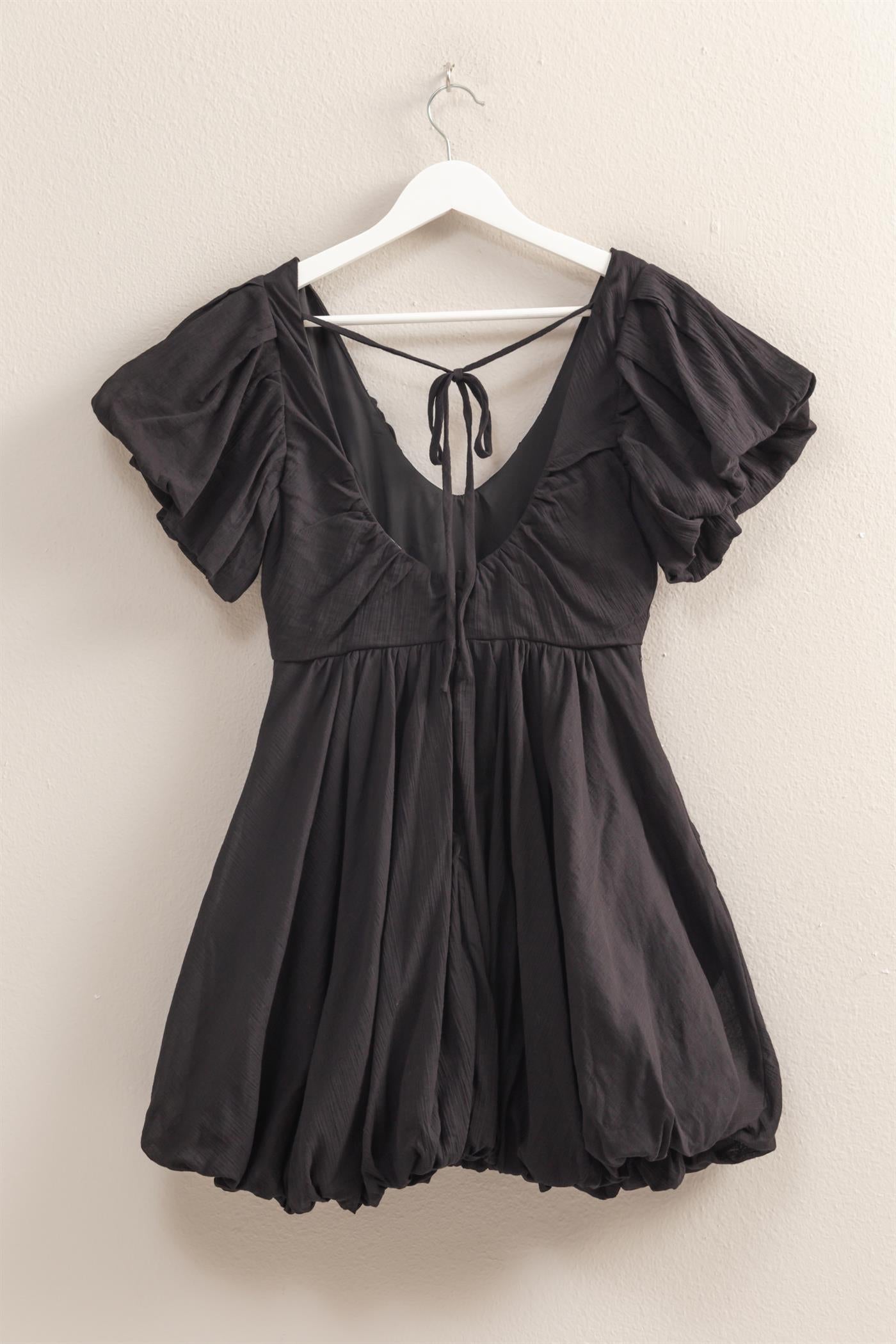 Wholesale V-Neck Puff Sleeve Flowy Mini Dress Dresses HF25A226 BLACK HYFVE