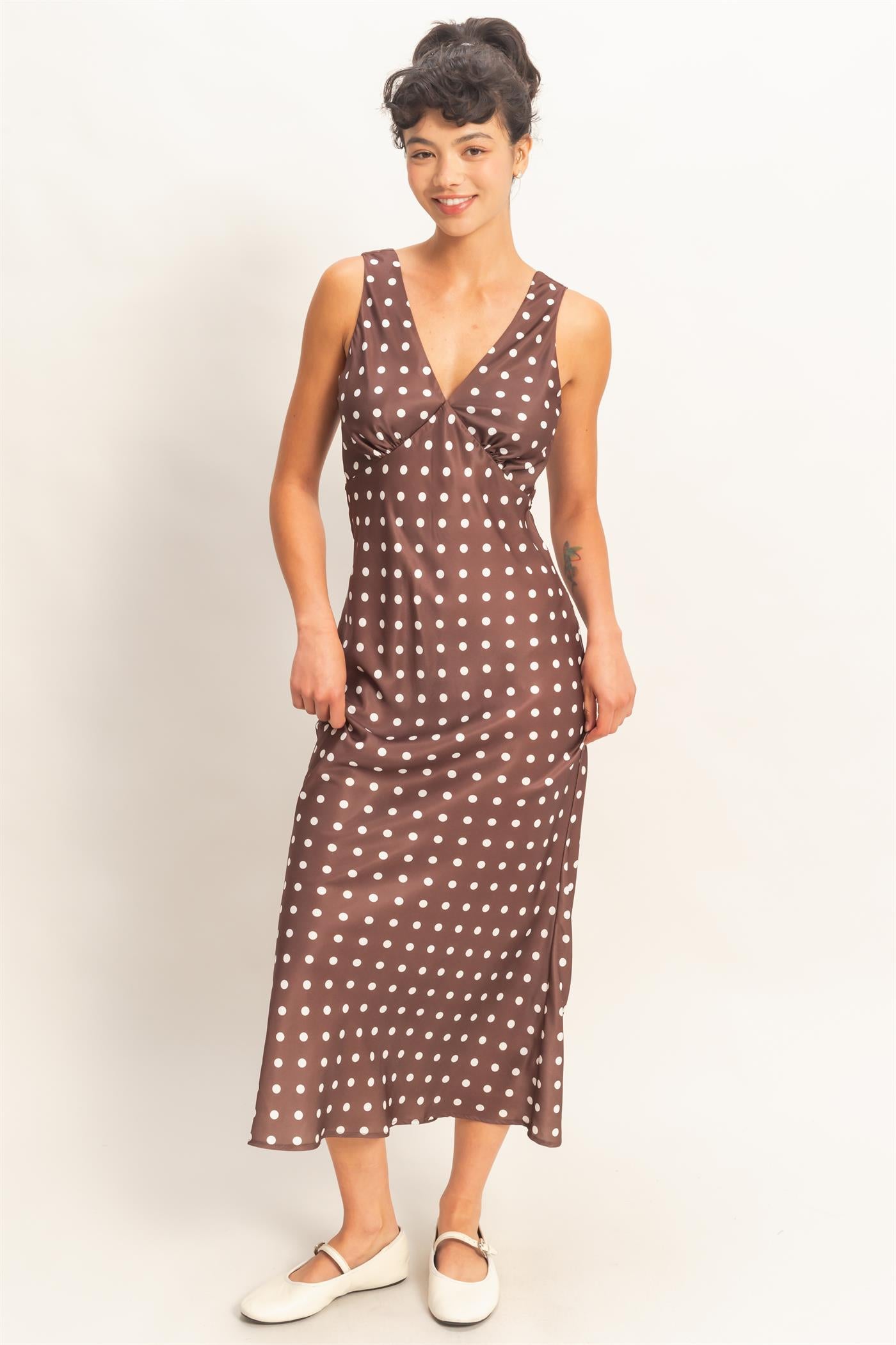 Wholesale Polka Dot Sleeveless Maxi Dress Dresses DZ25E063 CHOCOLATE DOUBLE ZERO