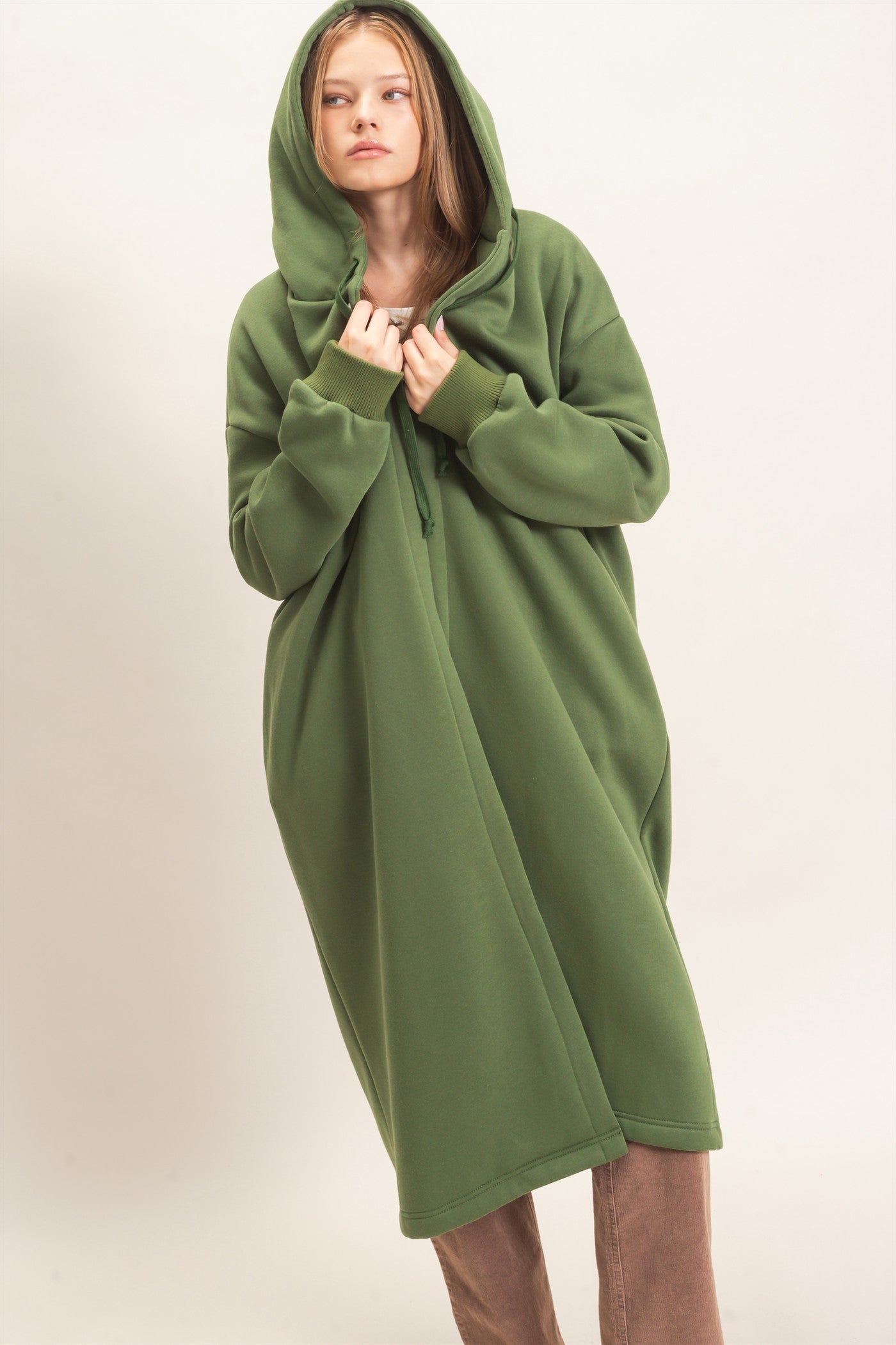 Wholesale Oversized Hooded Open Front Coat Coats & Jackets HF26F142-D OLIVE HYFVE