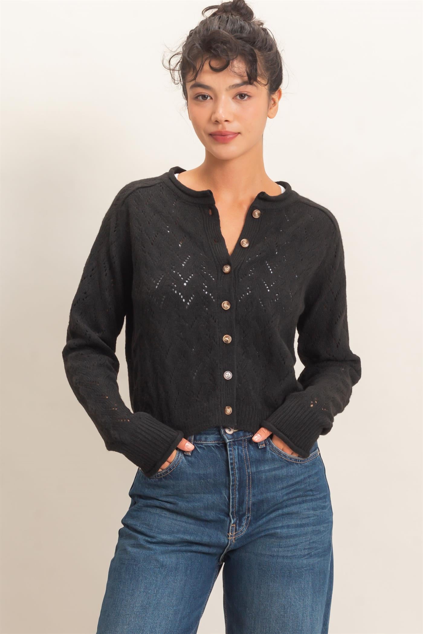 Wholesale Pointelle Knit Button Front Cardigan Cardigans DZ26C978 BLACK DOUBLE ZERO