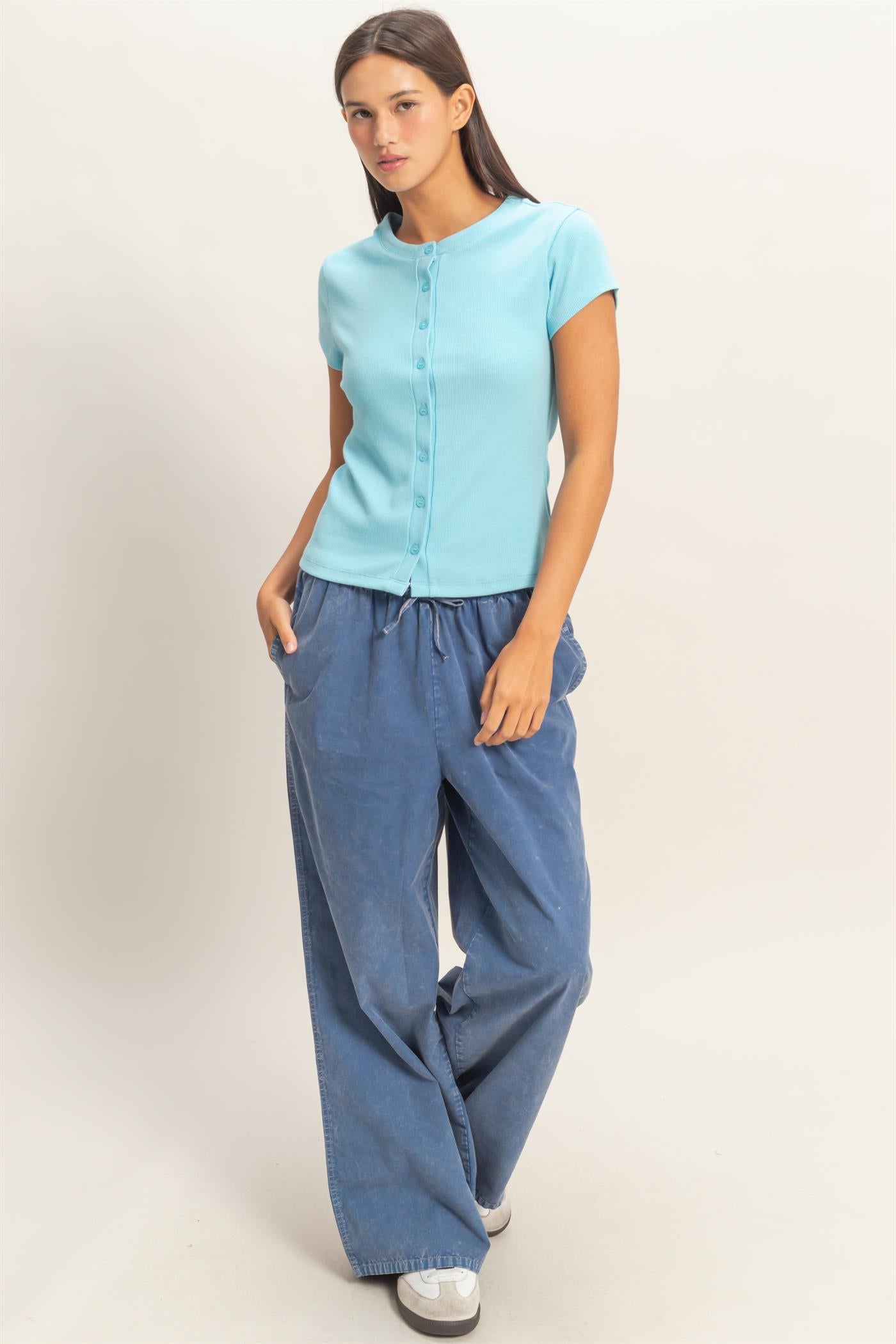 Wholesale Ribbed Button-Front Crew Neck Top Clothing Tops DZ26A727 BLUE DOUBLE ZERO