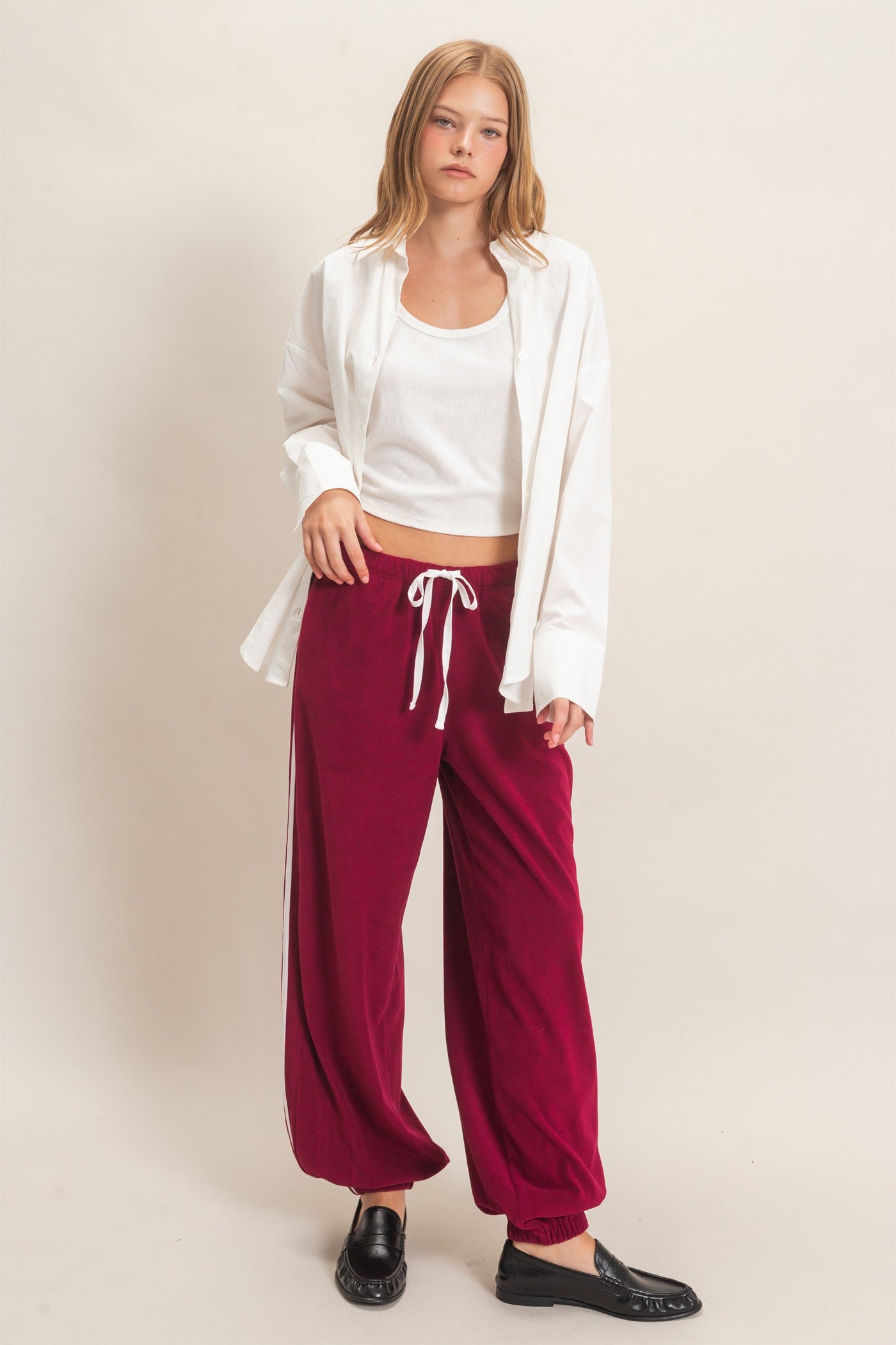 Wholesale Drawstring Waist Jogger Pants Joggers HF26E424-D BURGUNDY HYFVE