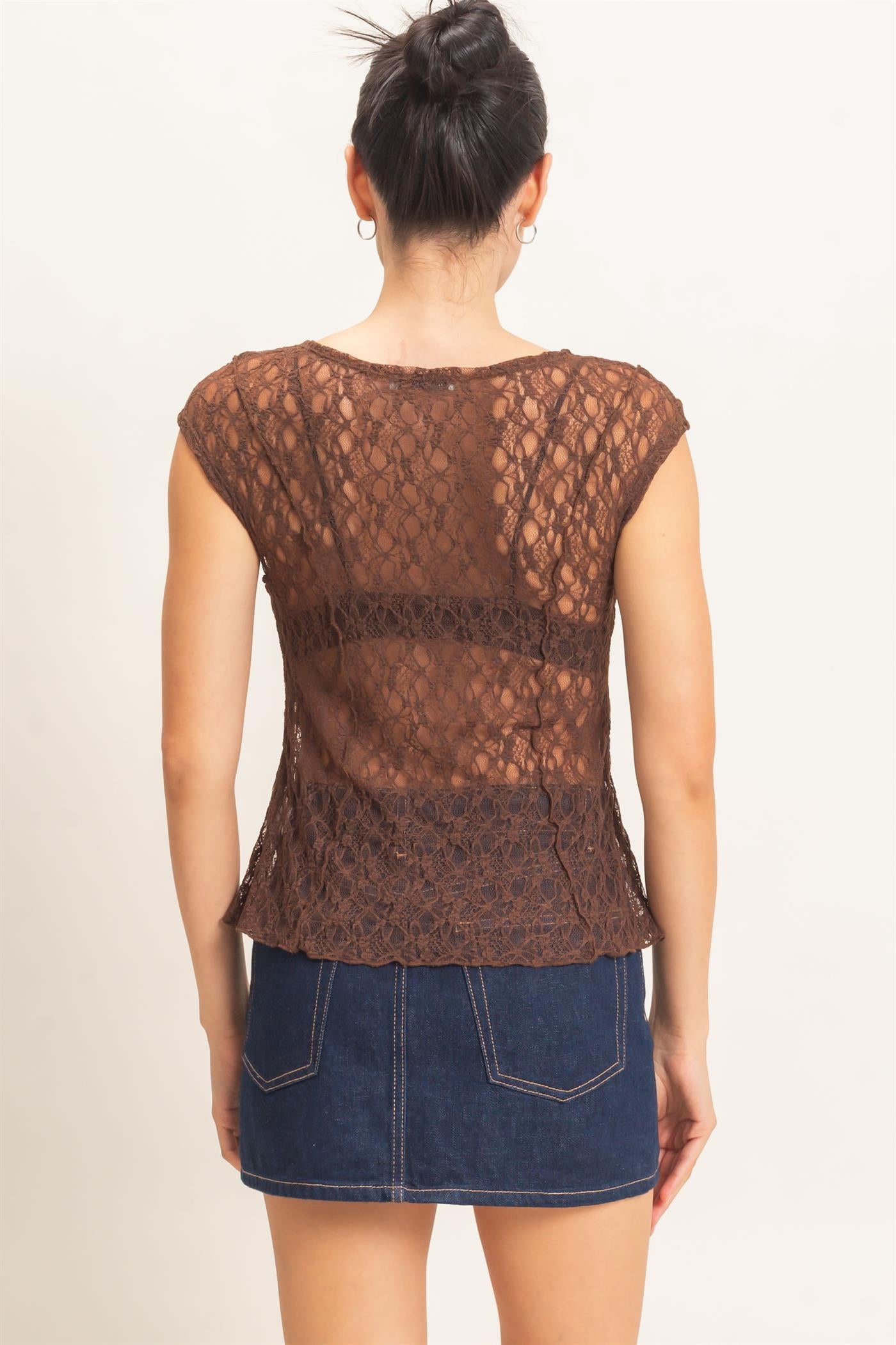 Wholesale Lace Cap Sleeve Top Clothing Tops HF26E672 CHOCOLATE HYFVE