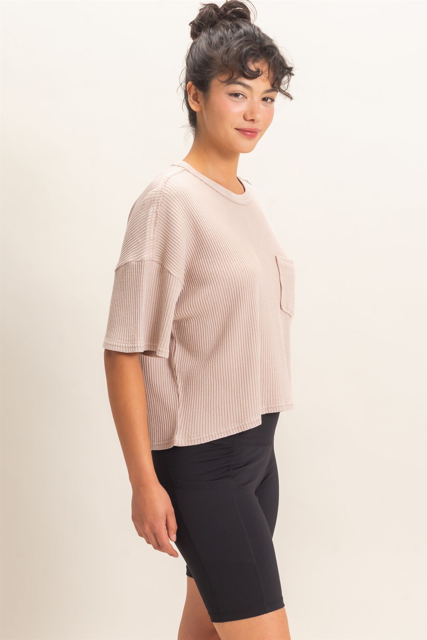 Wholesale Mineral Wash Waffle Knit Pocket Top Clothing Tops DZ26E222 DARK TAUPE DOUBLE ZERO