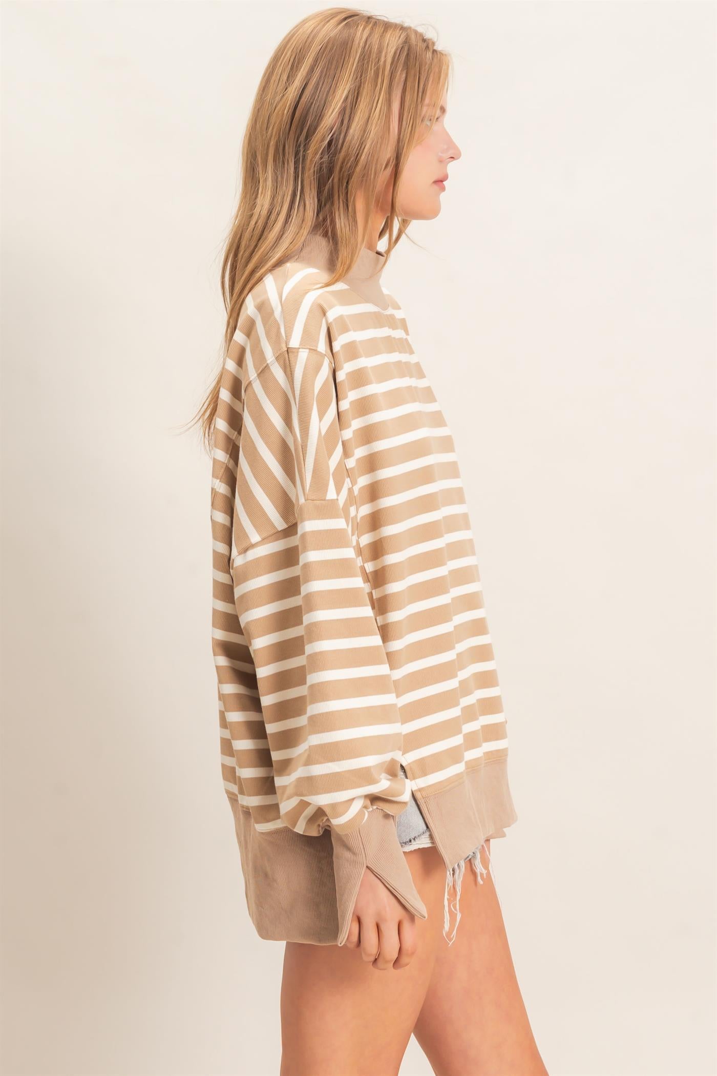 Wholesale Striped Mock Neck Sweatshirt Sweatshirts HF27A178-D TAUPE/CREAM HYFVE