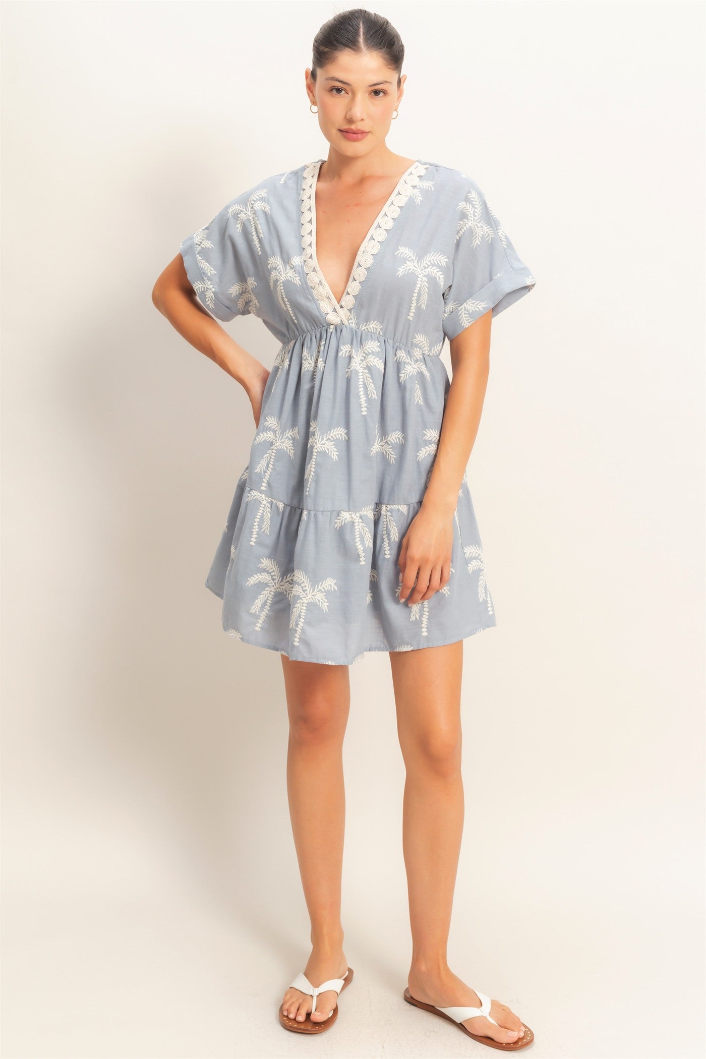 Wholesale Tiered V-Neck Dress Dresses HF26C231 DUSTY BLUE HYFVE