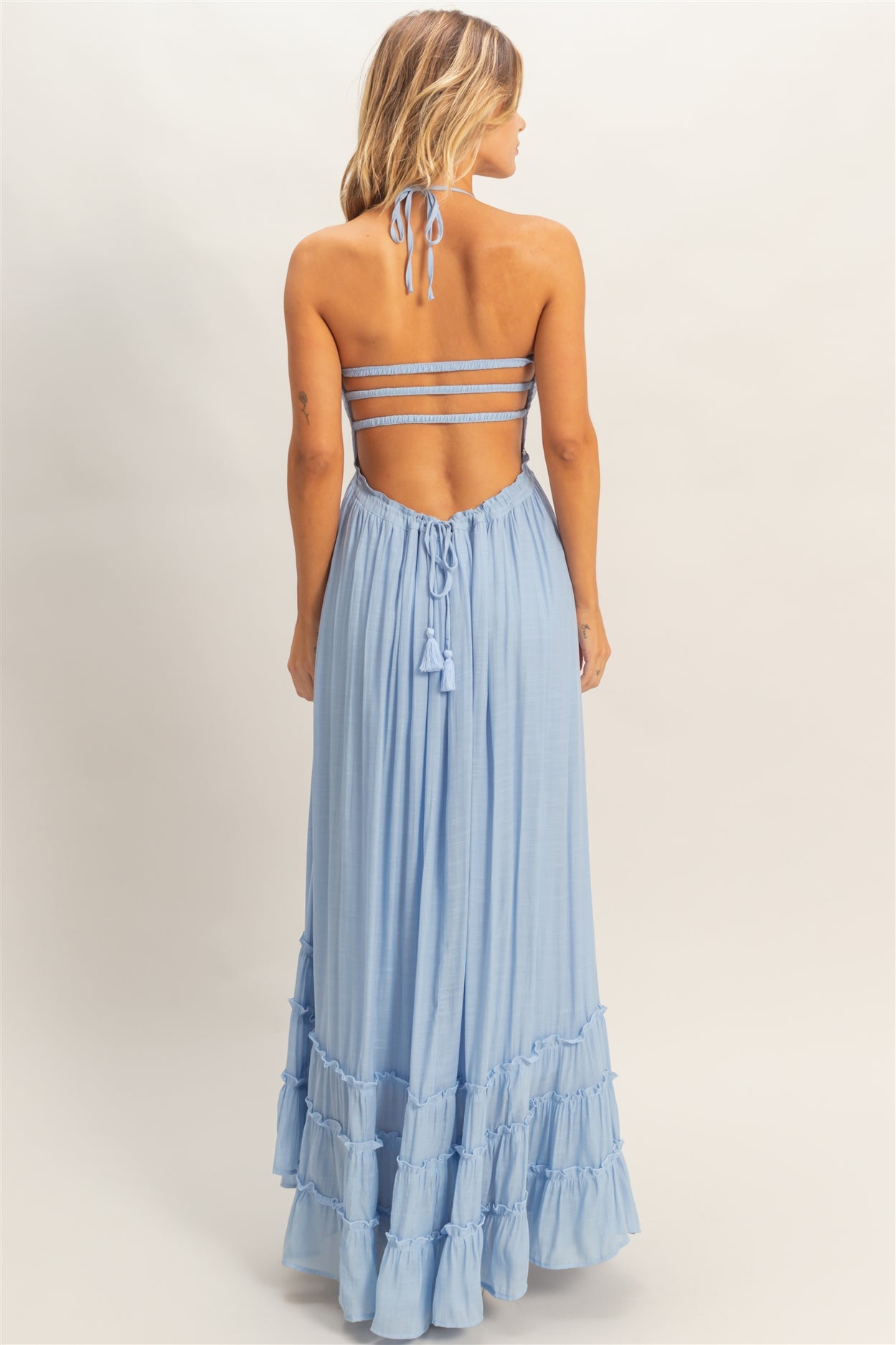 Wholesale Smocked Halter Maxi Dress Dresses HF26C290-D POWDER BLUE HYFVE