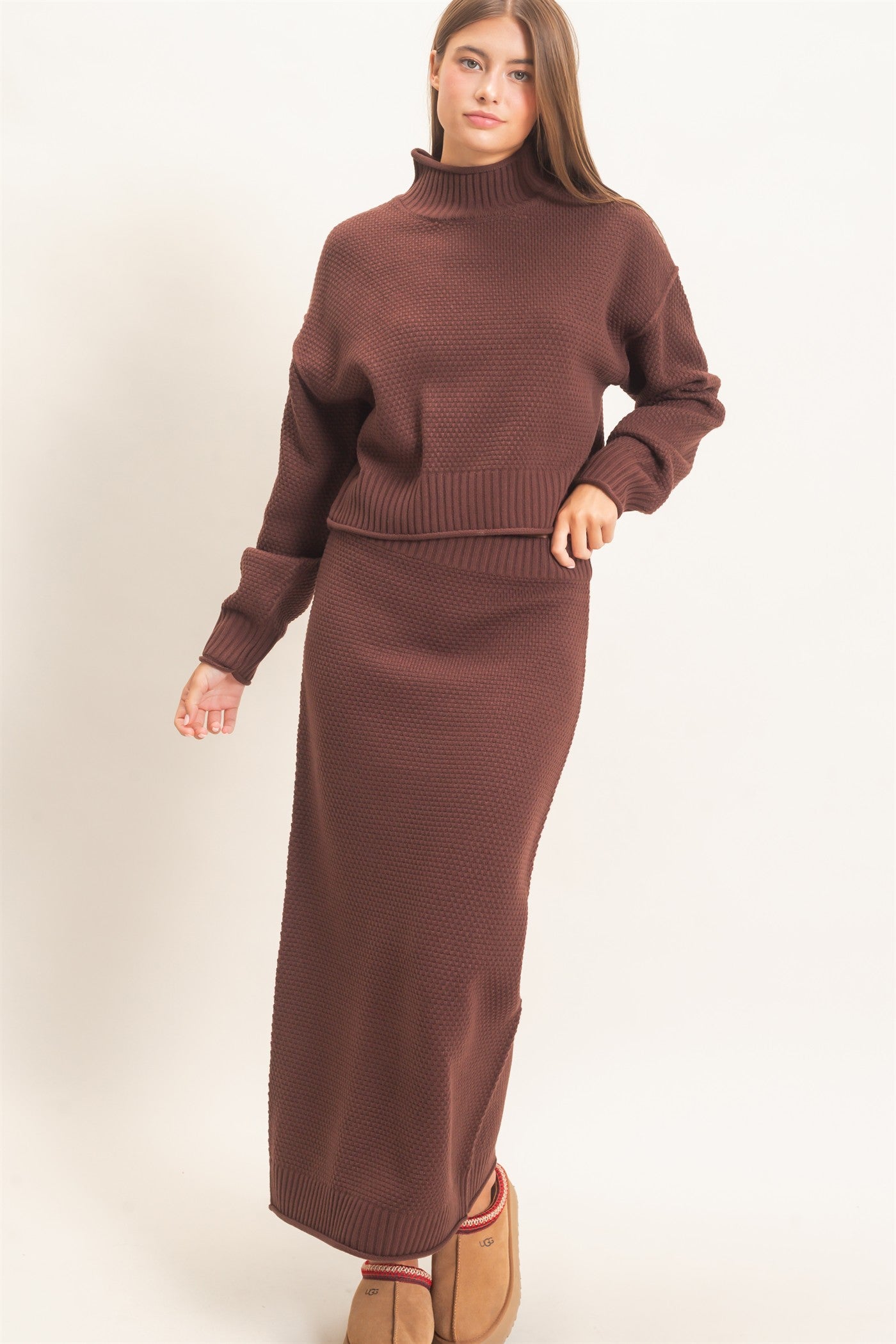 Wholesale High Neck Long Sleeve Top & Maxi Skirt Set Clothing DZ26E272-SET DARK BROWN DOUBLE ZERO