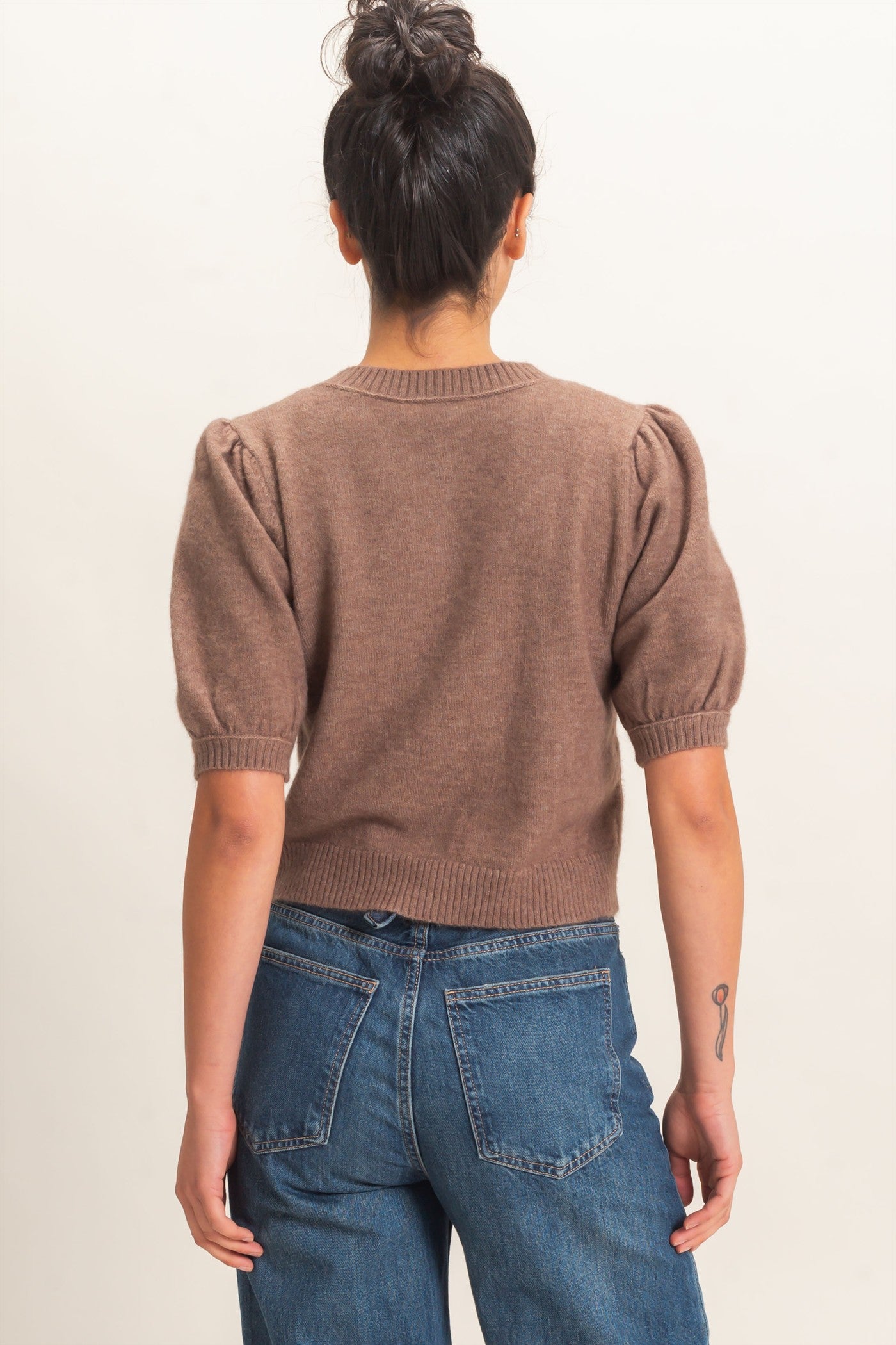 Wholesale Button Front Puff Short Sleeve Cardigan Cardigans DZ26C960 ASH BROWN DOUBLE ZERO