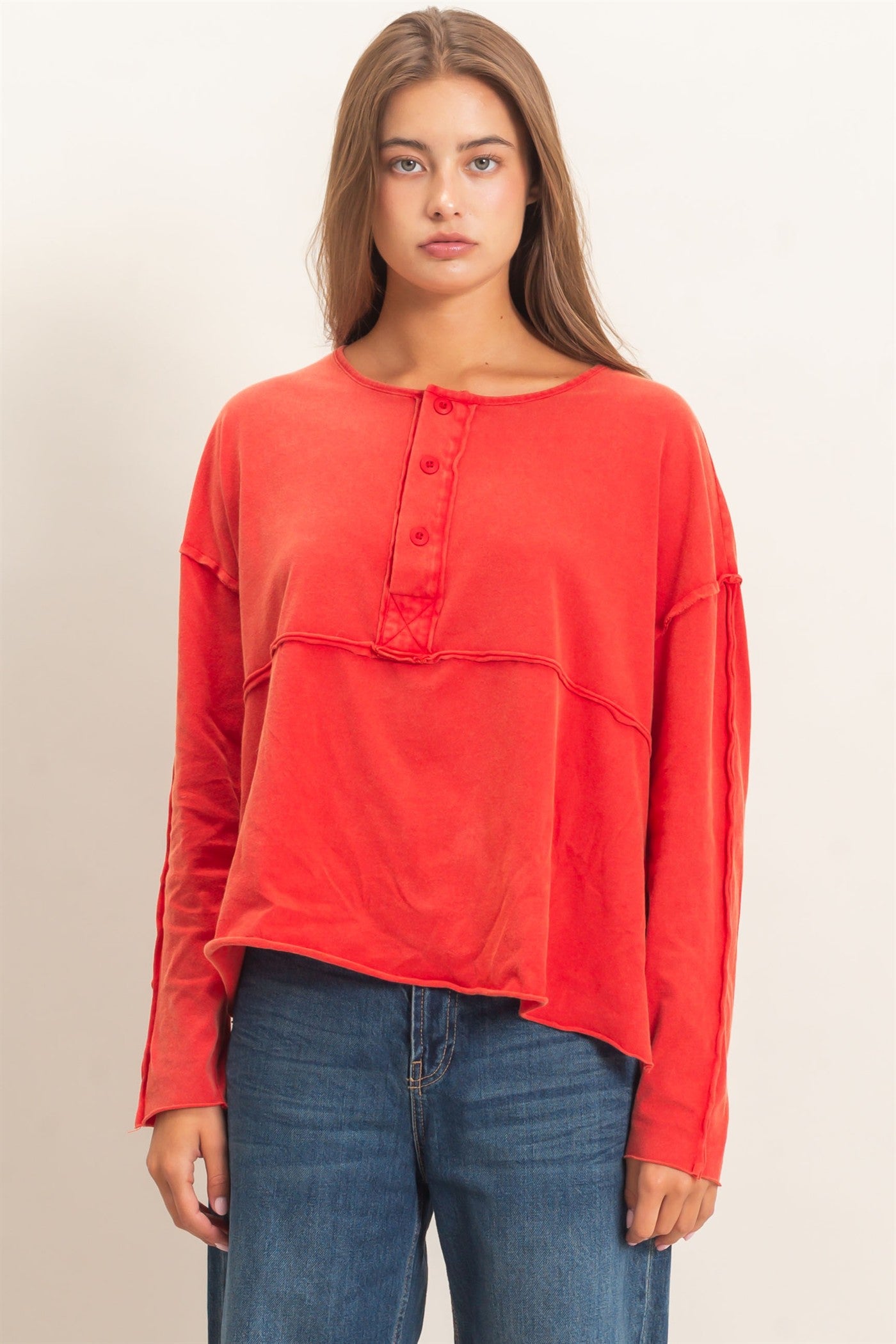 Wholesale Oversized Henley Top With Raw Edges Clothing Tops DZ26F128 RED DOUBLE ZERO
