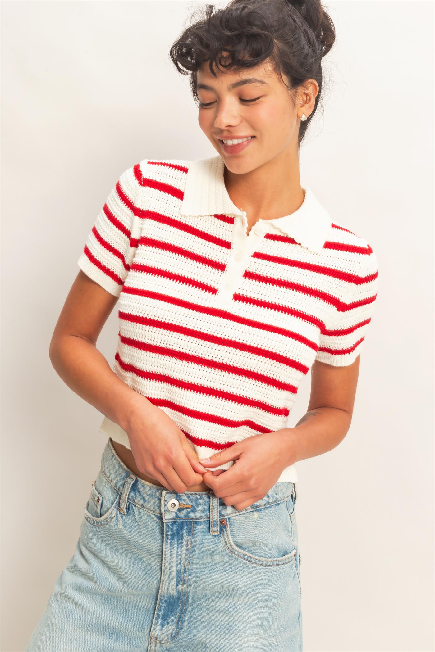 Wholesale Short Sleeve Striped Knit Polo Clothing Tops DZ26A603 RED DOUBLE ZERO