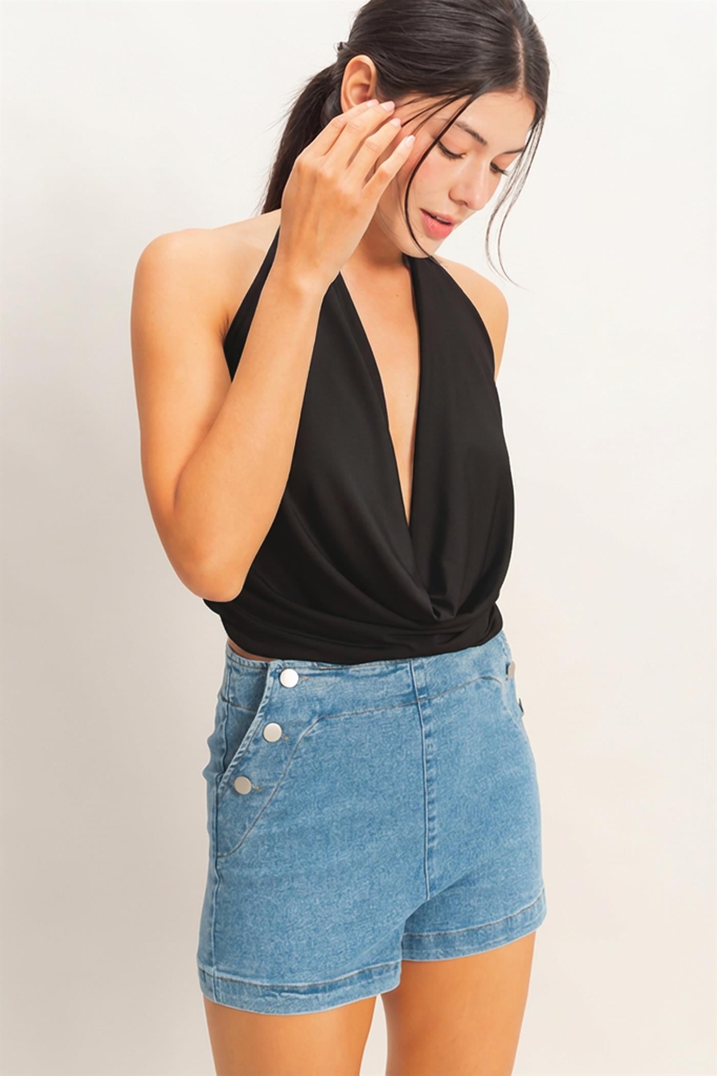 Wholesale Draped Halter Neck Top Clothing Tops HF26E353 BLACK HYFVE