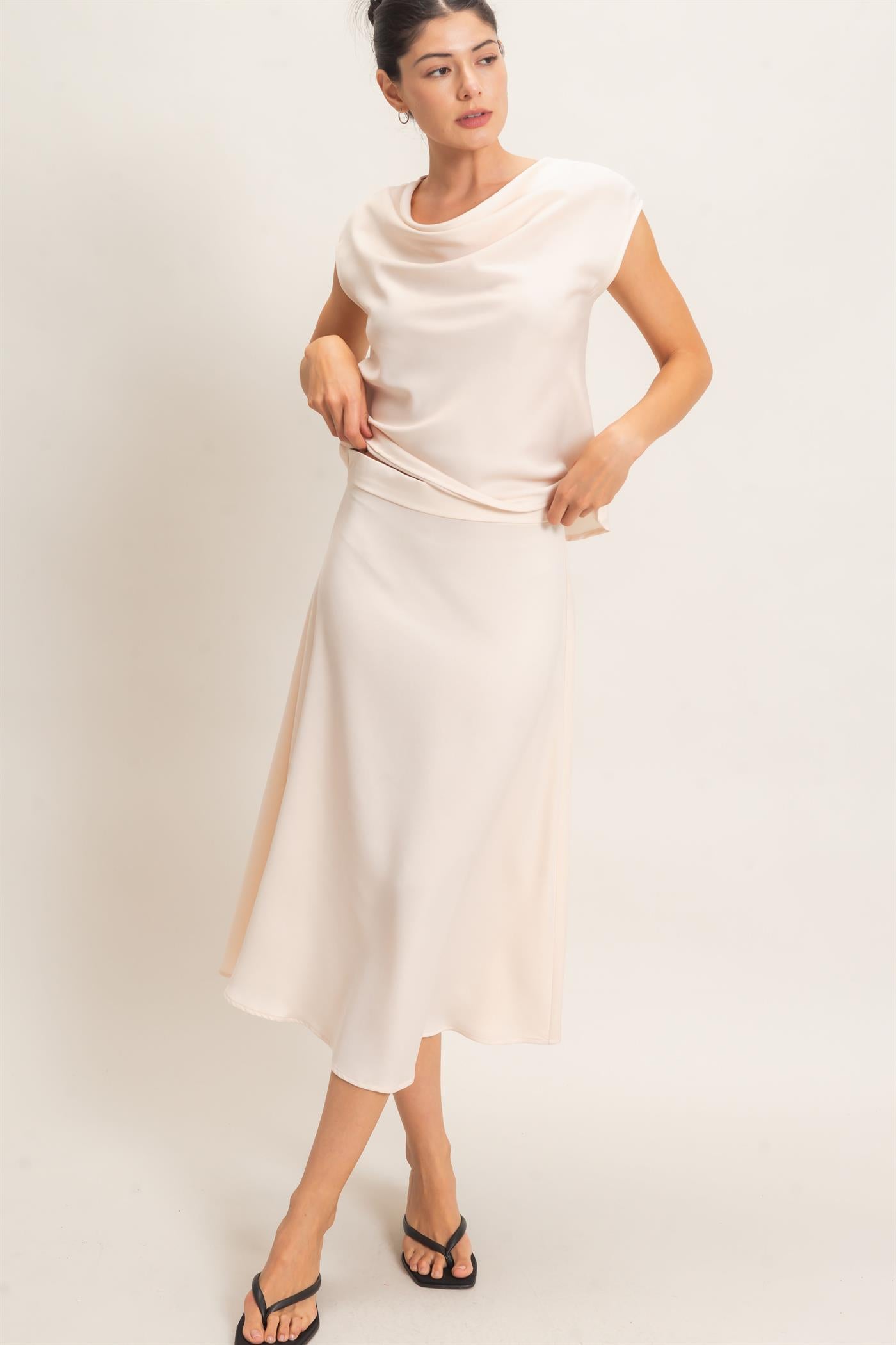 Wholesale Satin Cowl Neck Top And Skirt Set Clothing HF26C690-SET ALPACA HYFVE